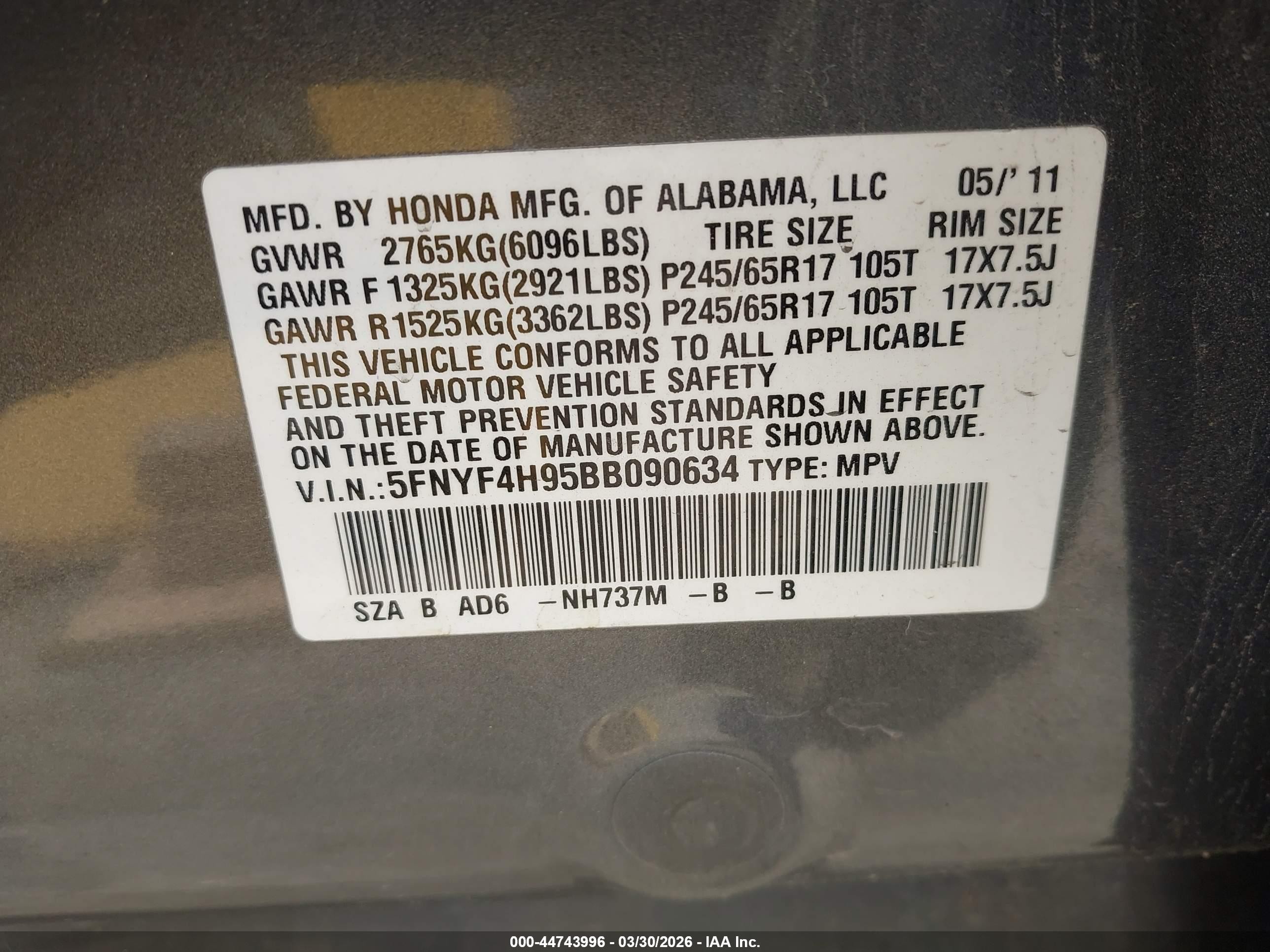 2011 Honda Pilot Touring Серый vin: 5FNYF4H95BB090634