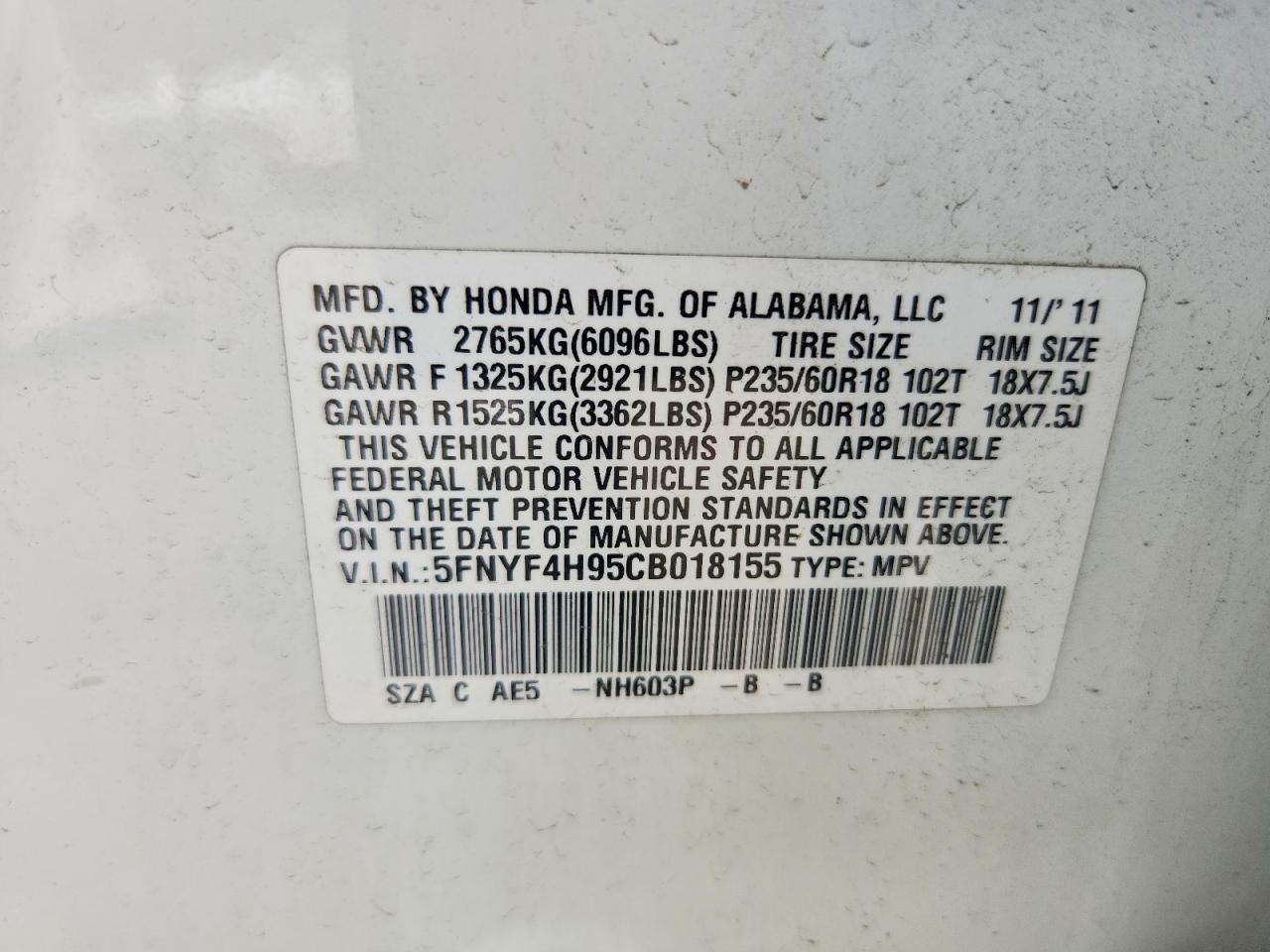 2012 Honda Pilot Touring White vin: 5FNYF4H95CB018155