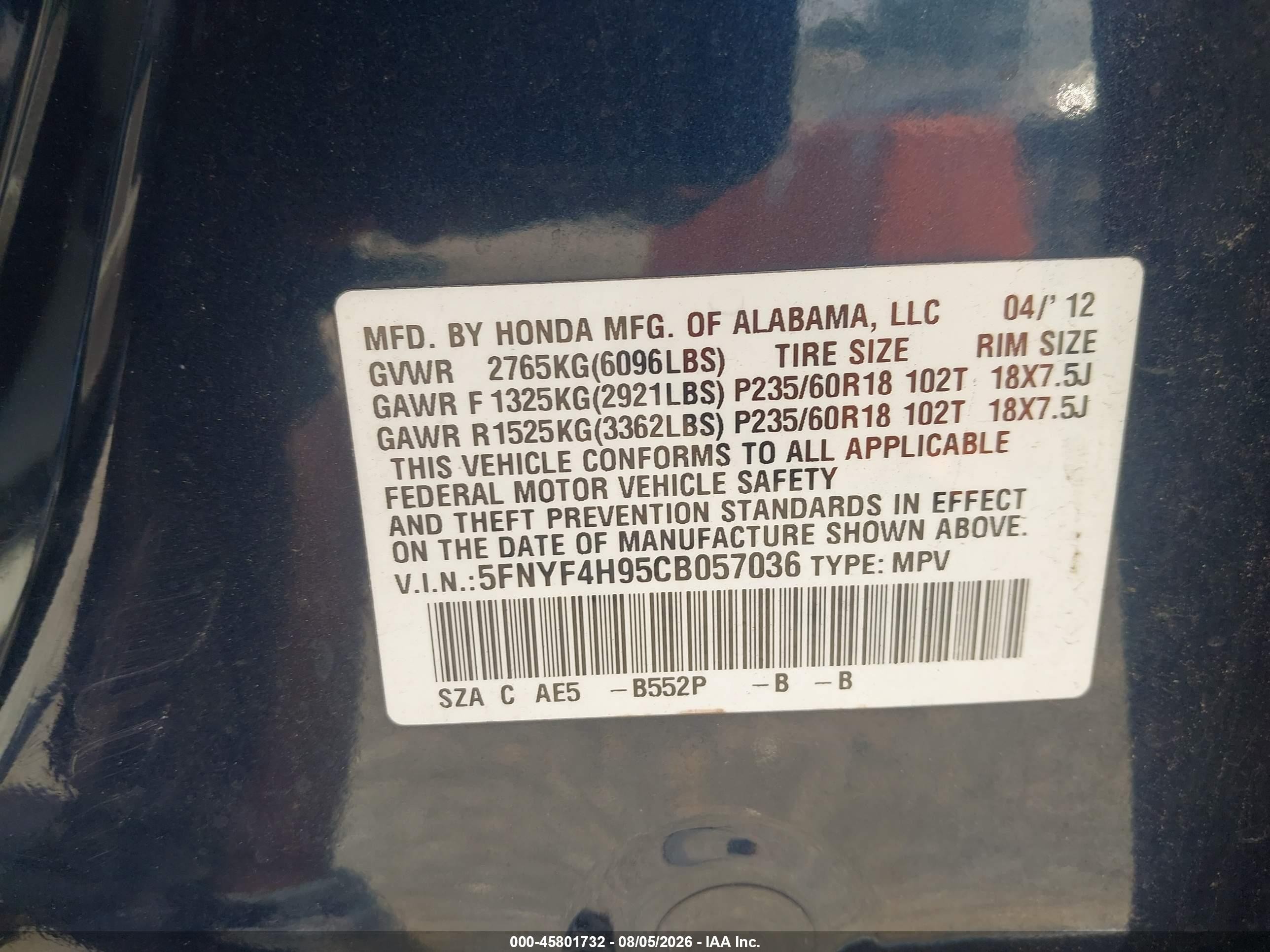2012 Honda Pilot Touring Blue vin: 5FNYF4H95CB057036