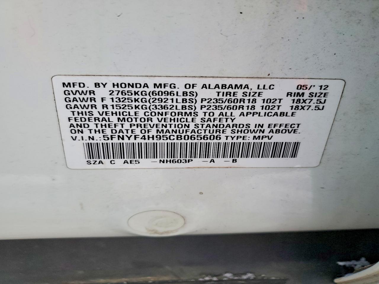 2012 Honda Pilot Белый vin: 5FNYF4H95CB065606