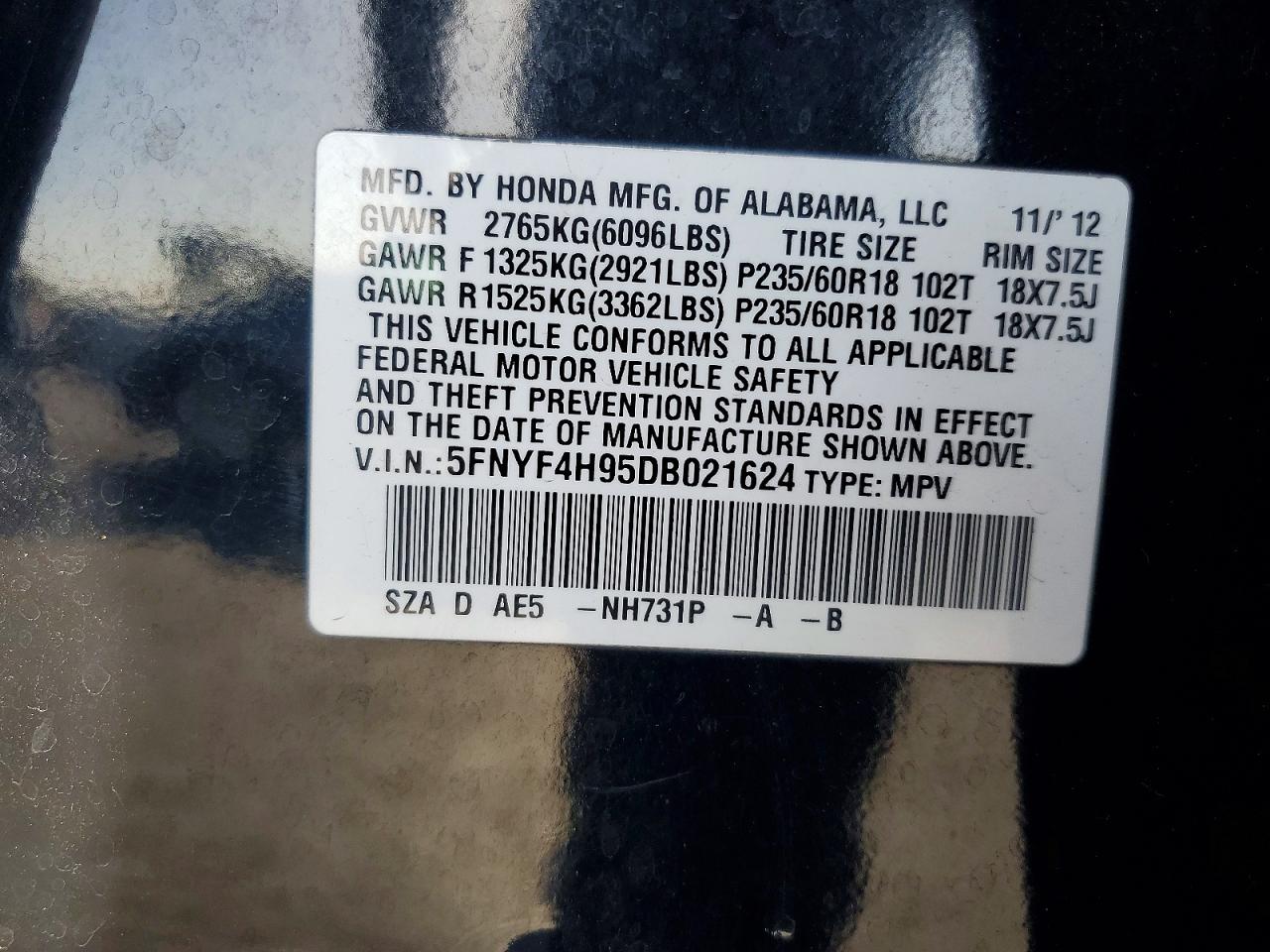 2013 Honda Pilot Touring Black vin: 5FNYF4H95DB021624