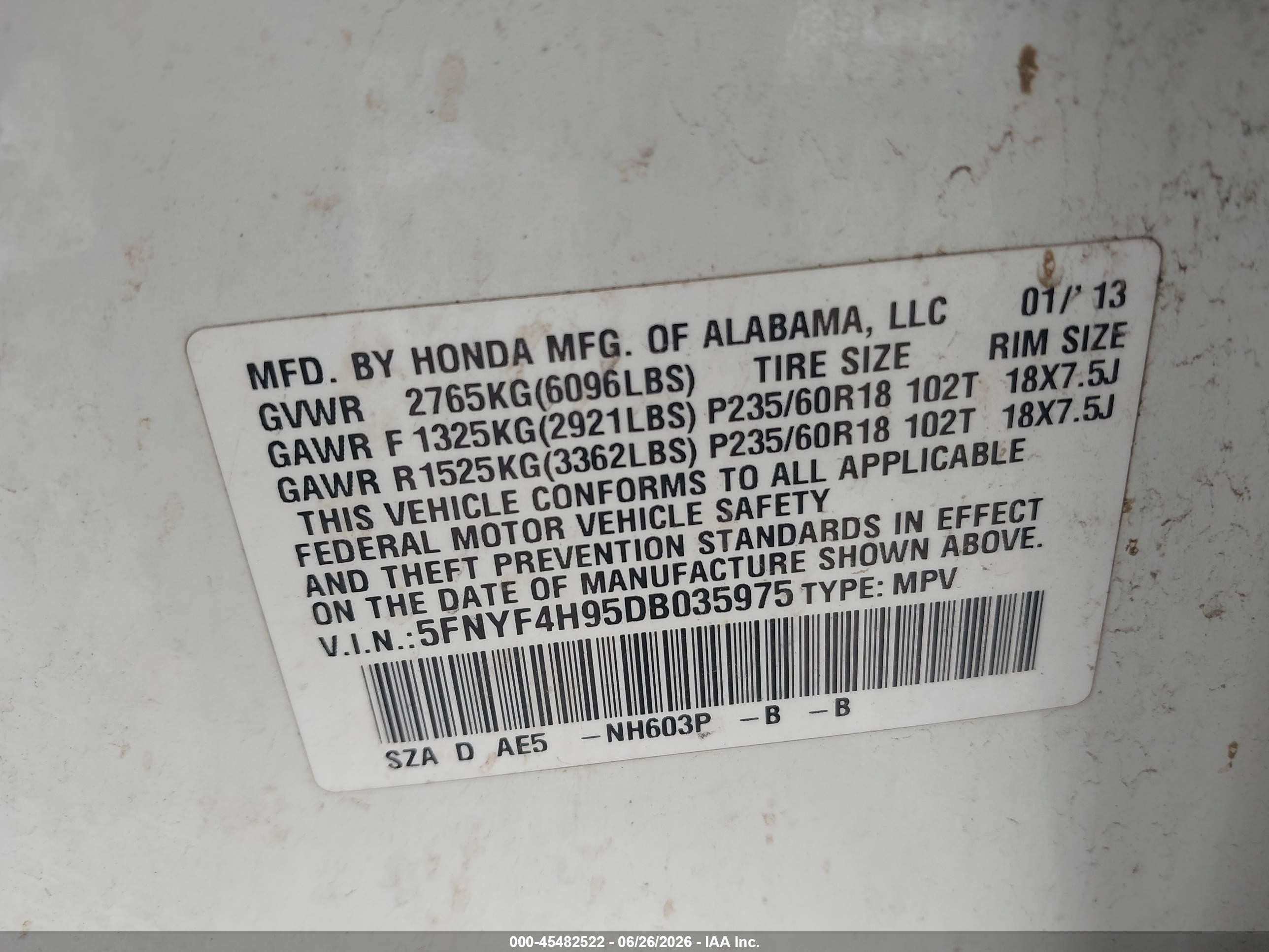 2013 Honda Pilot Touring White vin: 5FNYF4H95DB035975