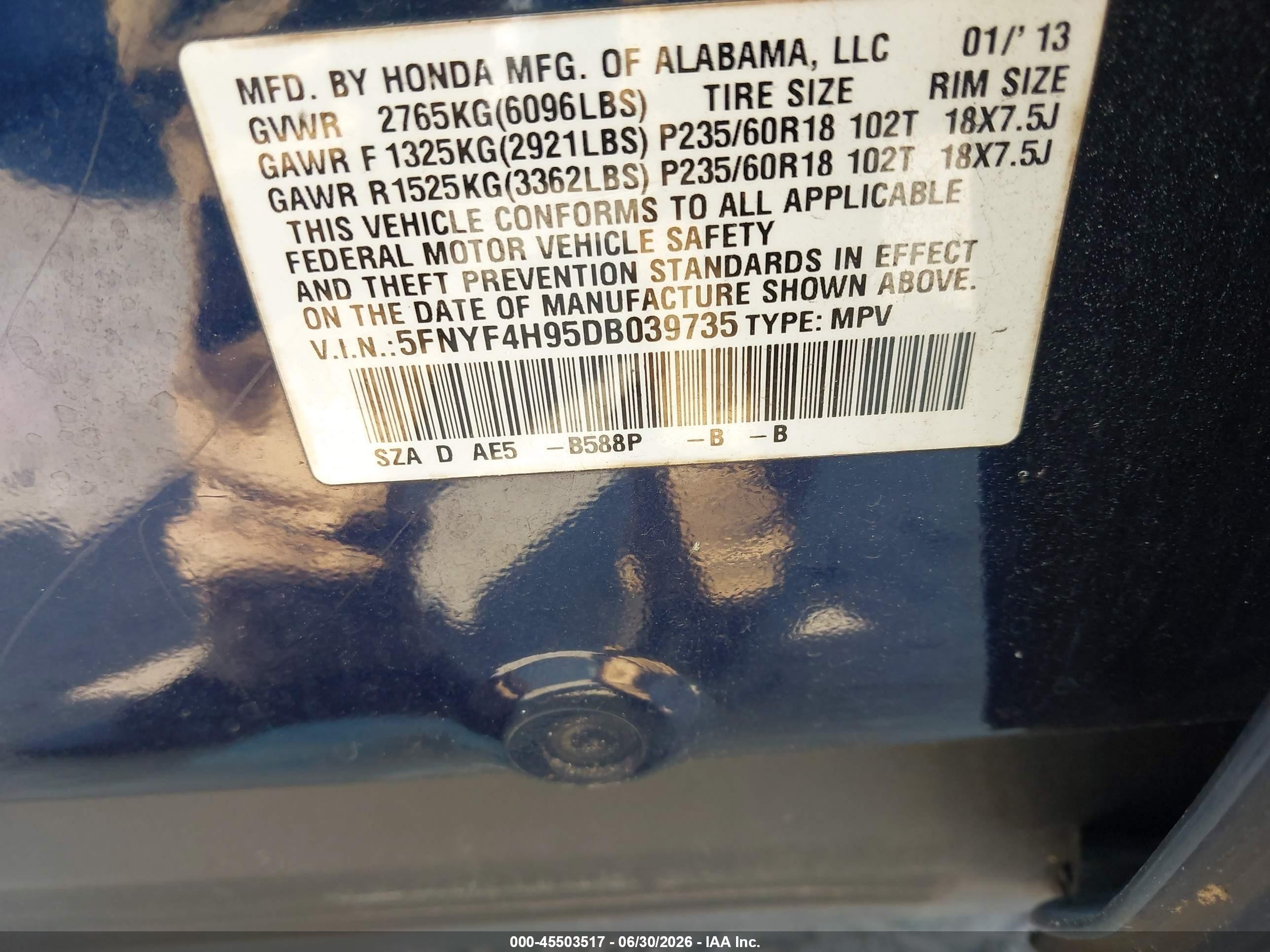 2013 Honda Pilot Touring Blue vin: 5FNYF4H95DB039735