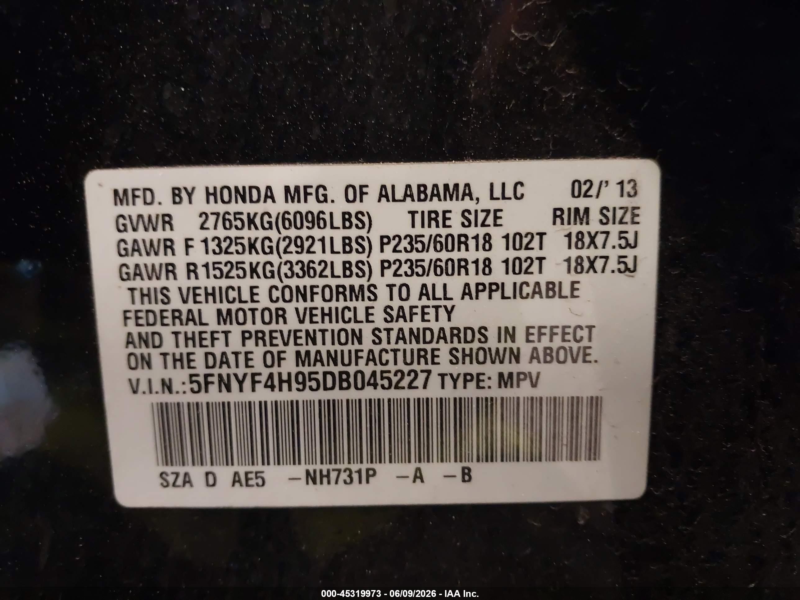 2013 Honda Pilot Touring Black vin: 5FNYF4H95DB045227