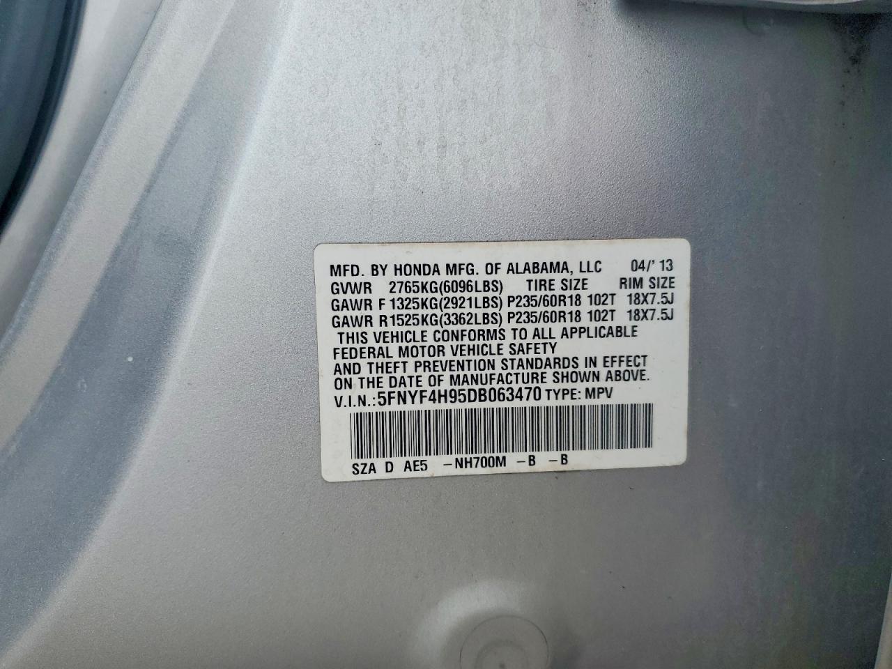 2013 Honda Pilot Touring Серебряный vin: 5FNYF4H95DB063470