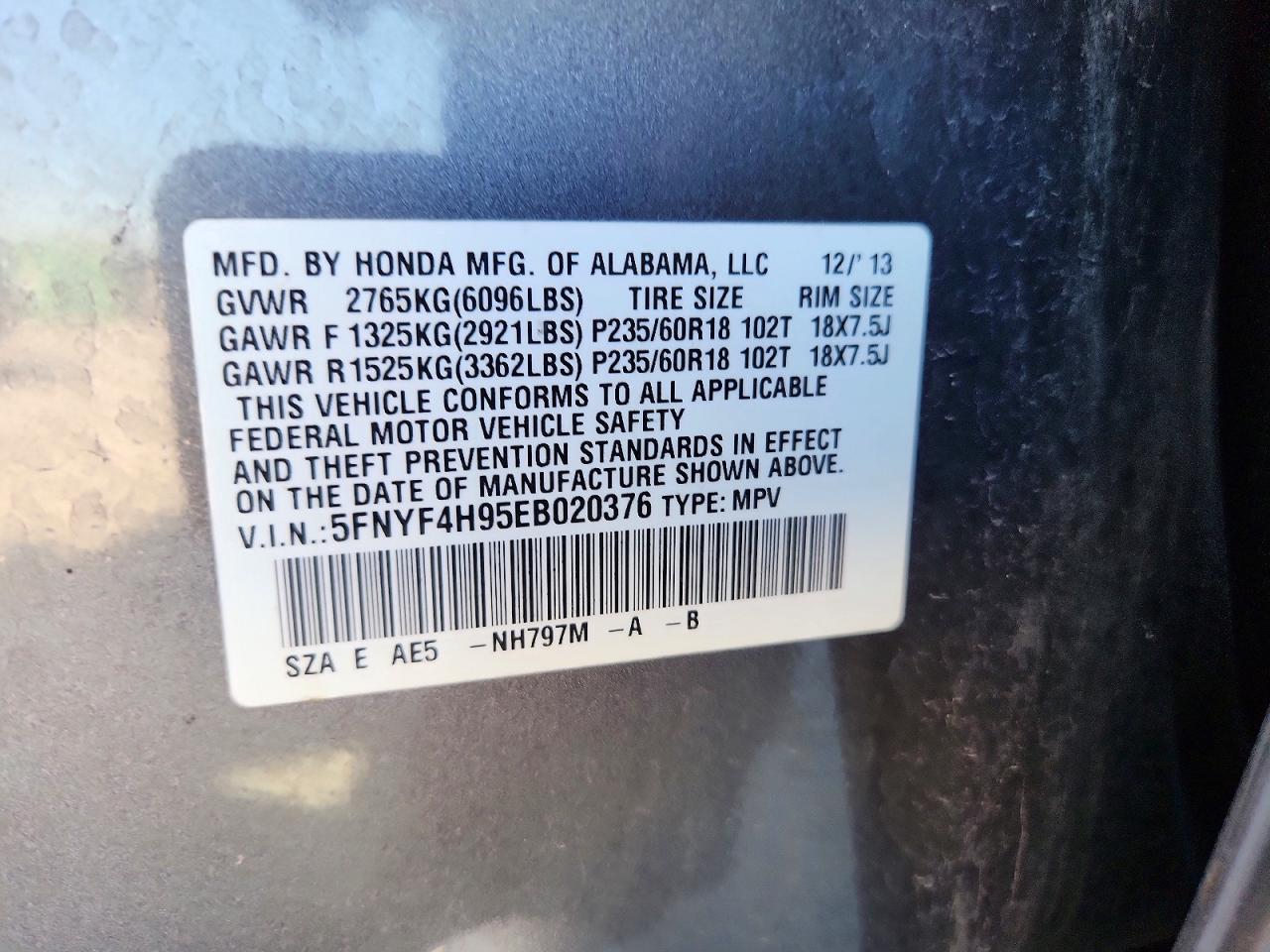 2014 Honda Pilot Touring Gray vin: 5FNYF4H95EB020376