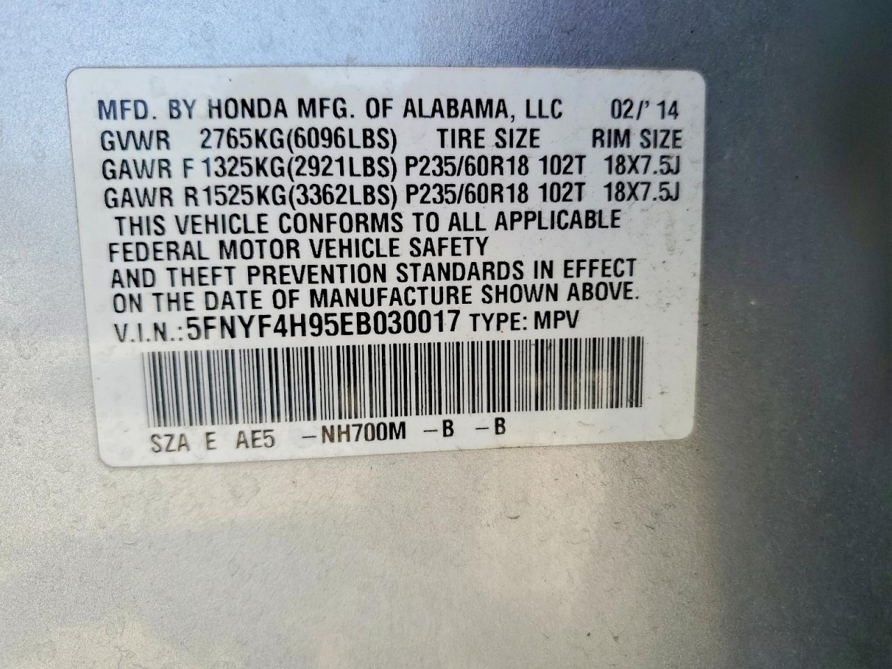 2014 Honda Pilot Touring Silver vin: 5FNYF4H95EB030017