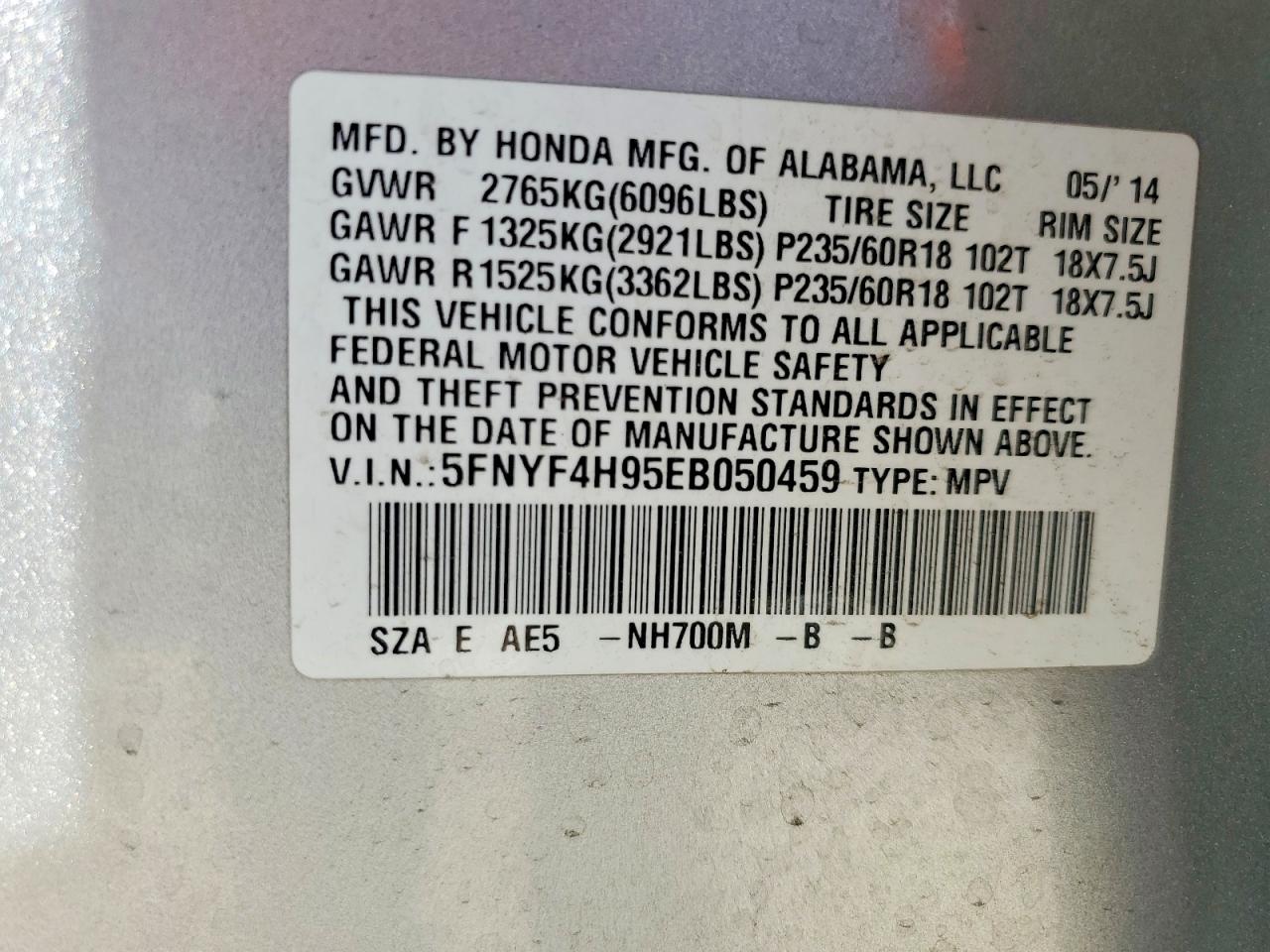 2014 Honda Pilot Touring Silver vin: 5FNYF4H95EB050459