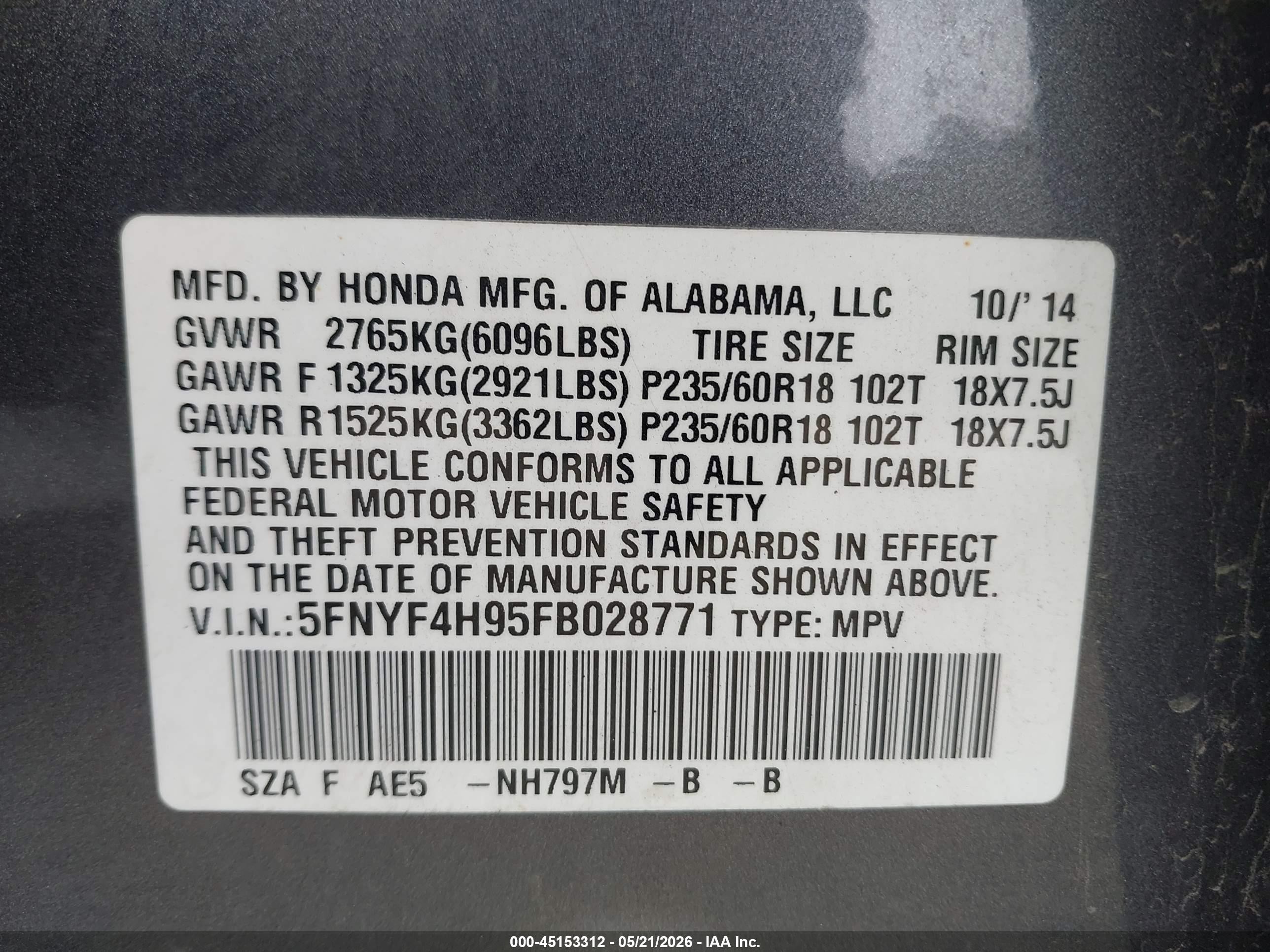 2015 Honda Pilot Touring Gray vin: 5FNYF4H95FB028771