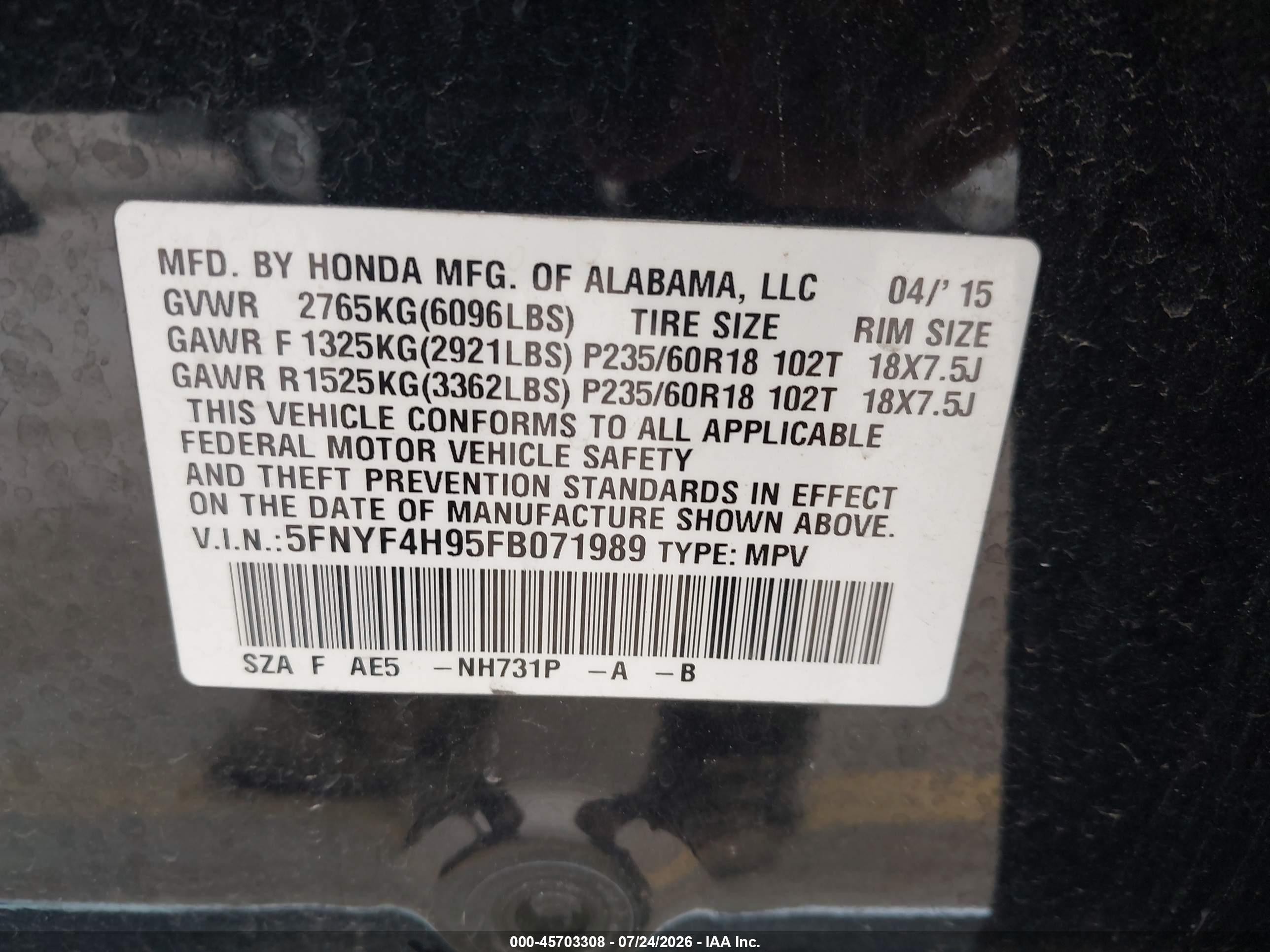 2015 Honda Pilot Touring Black vin: 5FNYF4H95FB071989