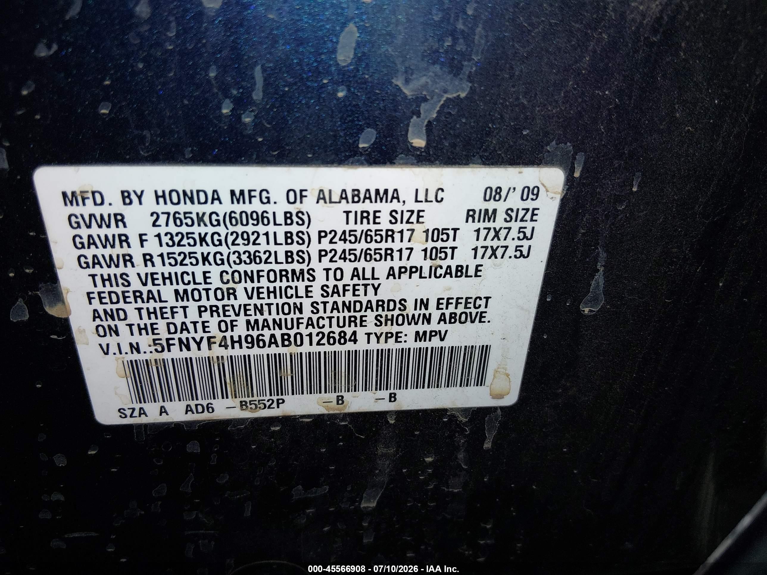 2010 Honda Pilot Touring Blue vin: 5FNYF4H96AB012684