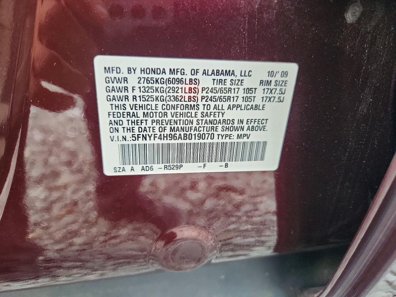 2010 Honda Pilot Touring Burgundy vin: 5FNYF4H96AB019070