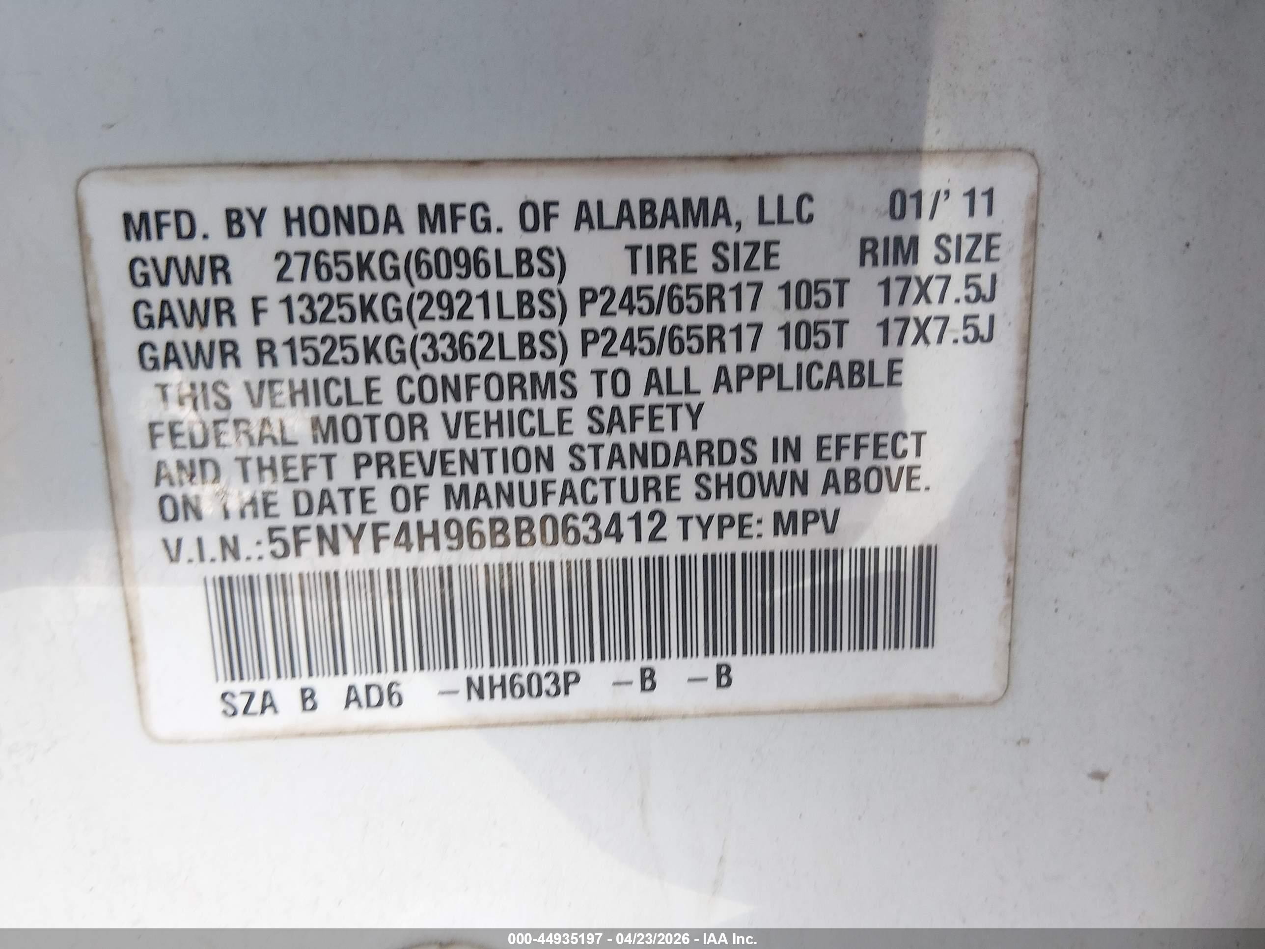 2011 Honda Pilot Touring White vin: 5FNYF4H96BB063412