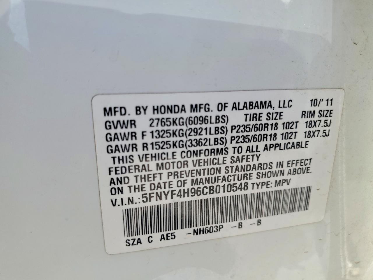 2012 Honda Pilot Touring White vin: 5FNYF4H96CB010548