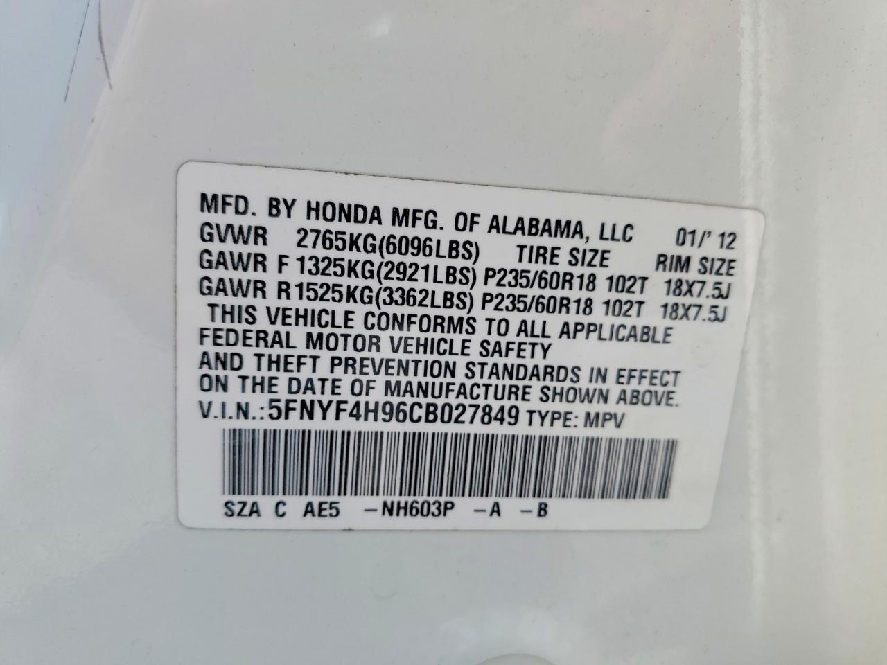 2012 Honda Pilot Touring White vin: 5FNYF4H96CB027849