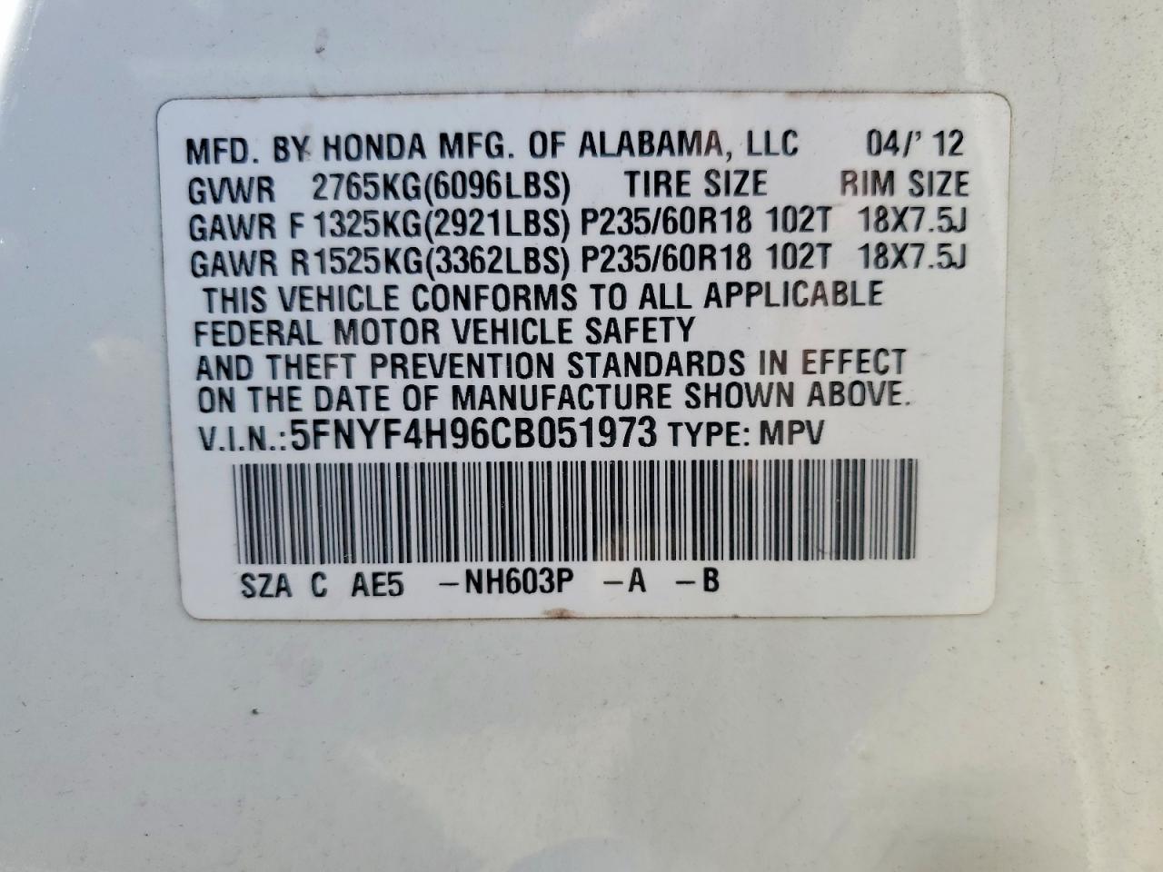 2012 Honda Pilot Touring White vin: 5FNYF4H96CB051973