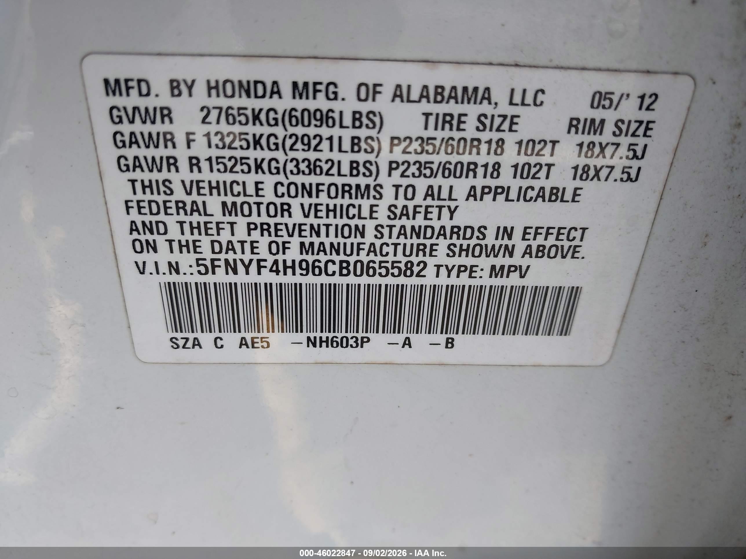2012 Honda Pilot Touring White vin: 5FNYF4H96CB065582