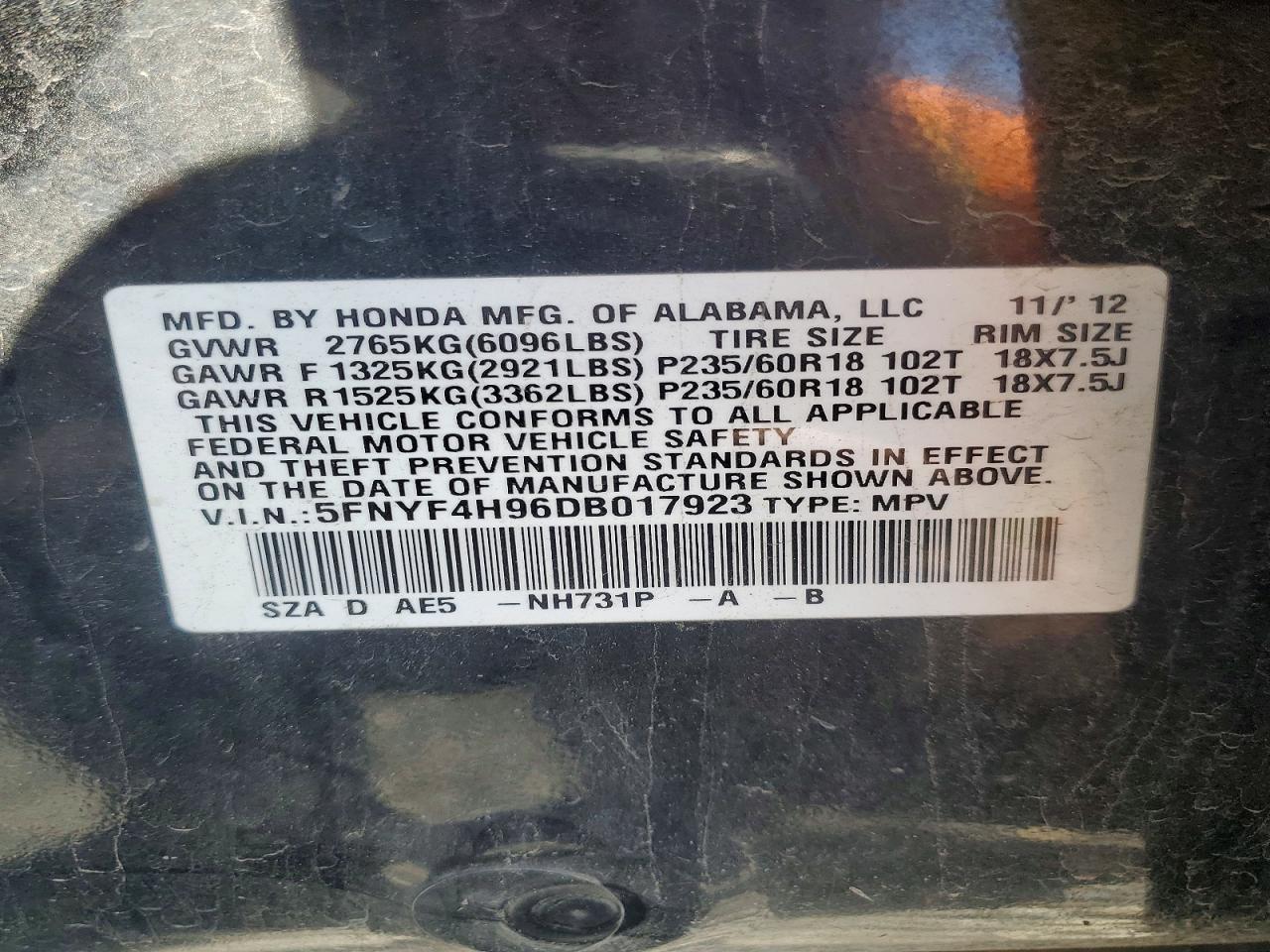 2013 Honda Pilot Touring Black vin: 5FNYF4H96DB017923