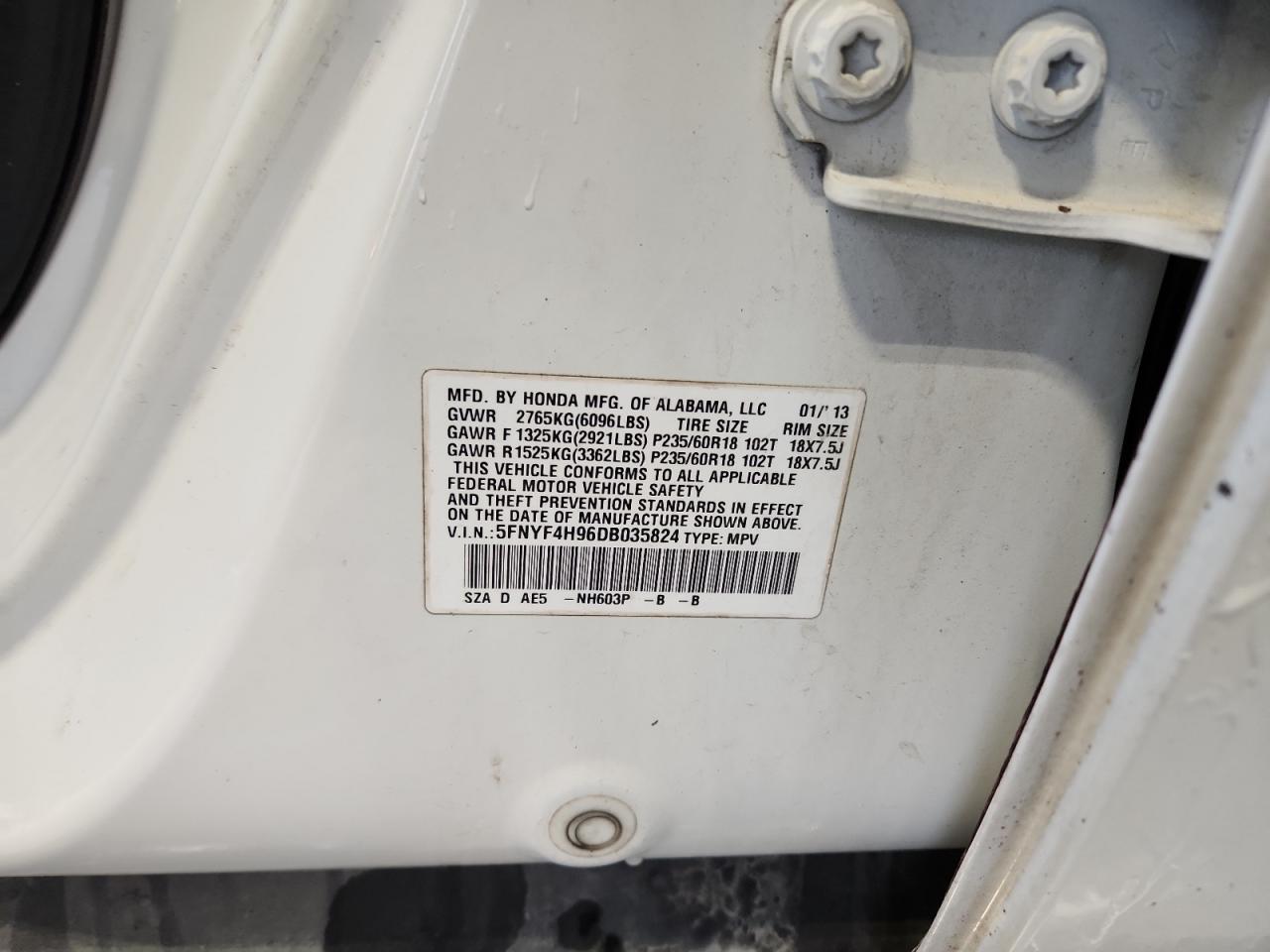 2013 Honda Pilot Touring White vin: 5FNYF4H96DB035824