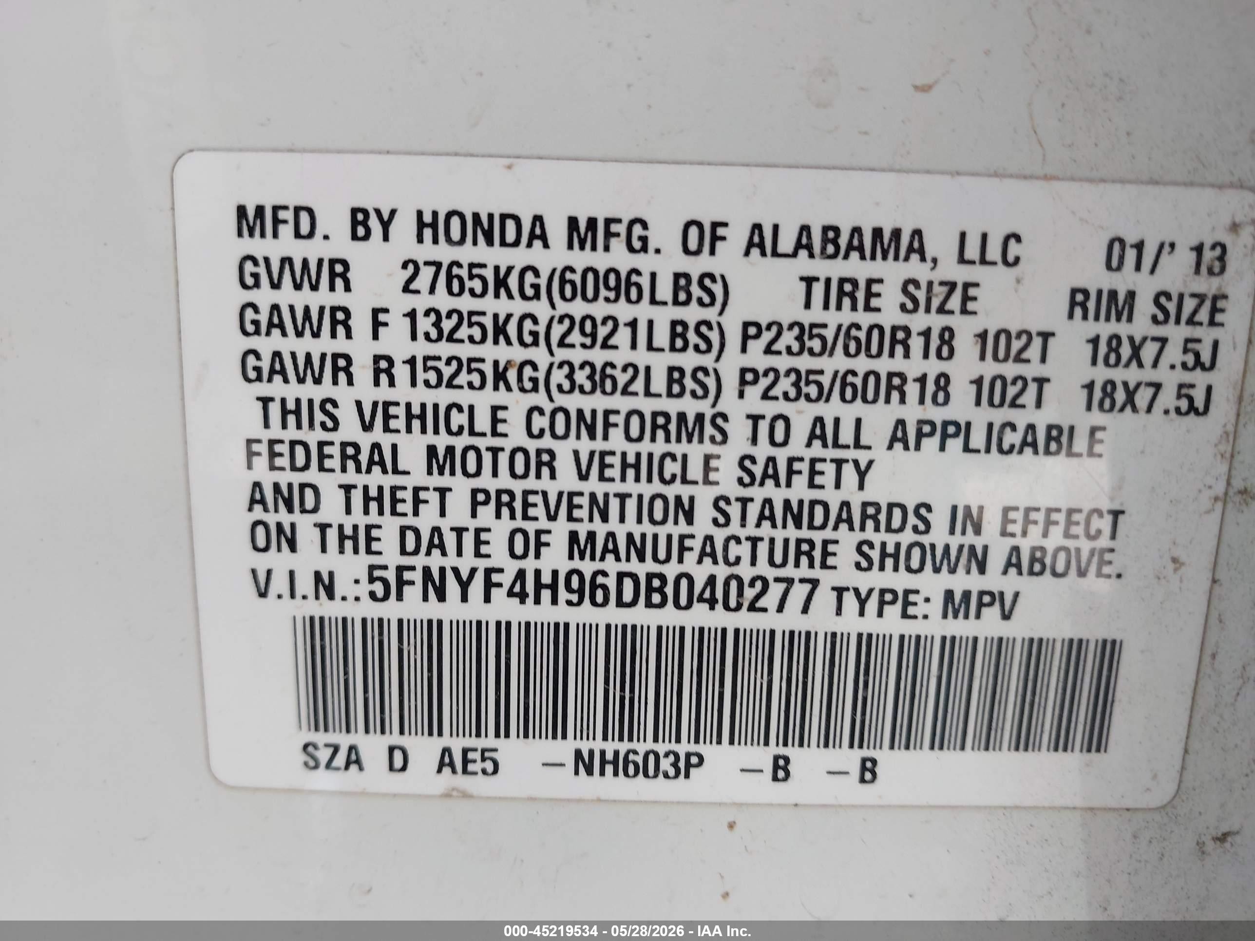 2013 Honda Pilot Touring White vin: 5FNYF4H96DB040277