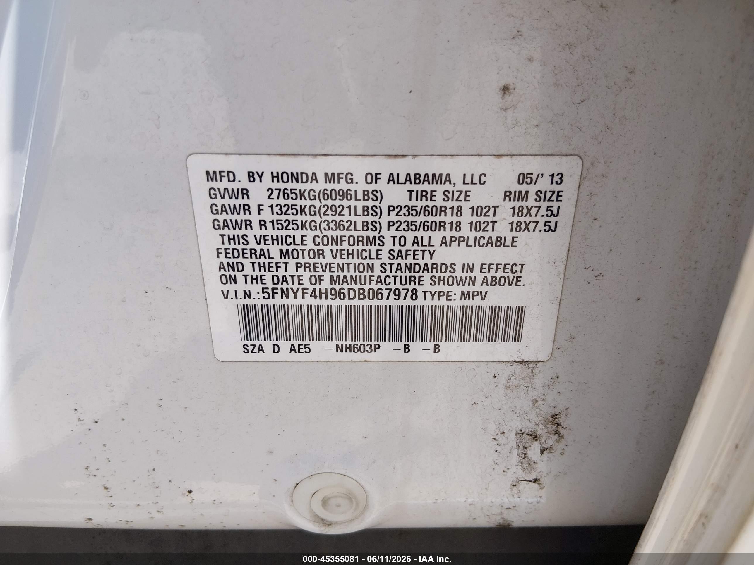 2013 Honda Pilot Touring White vin: 5FNYF4H96DB067978