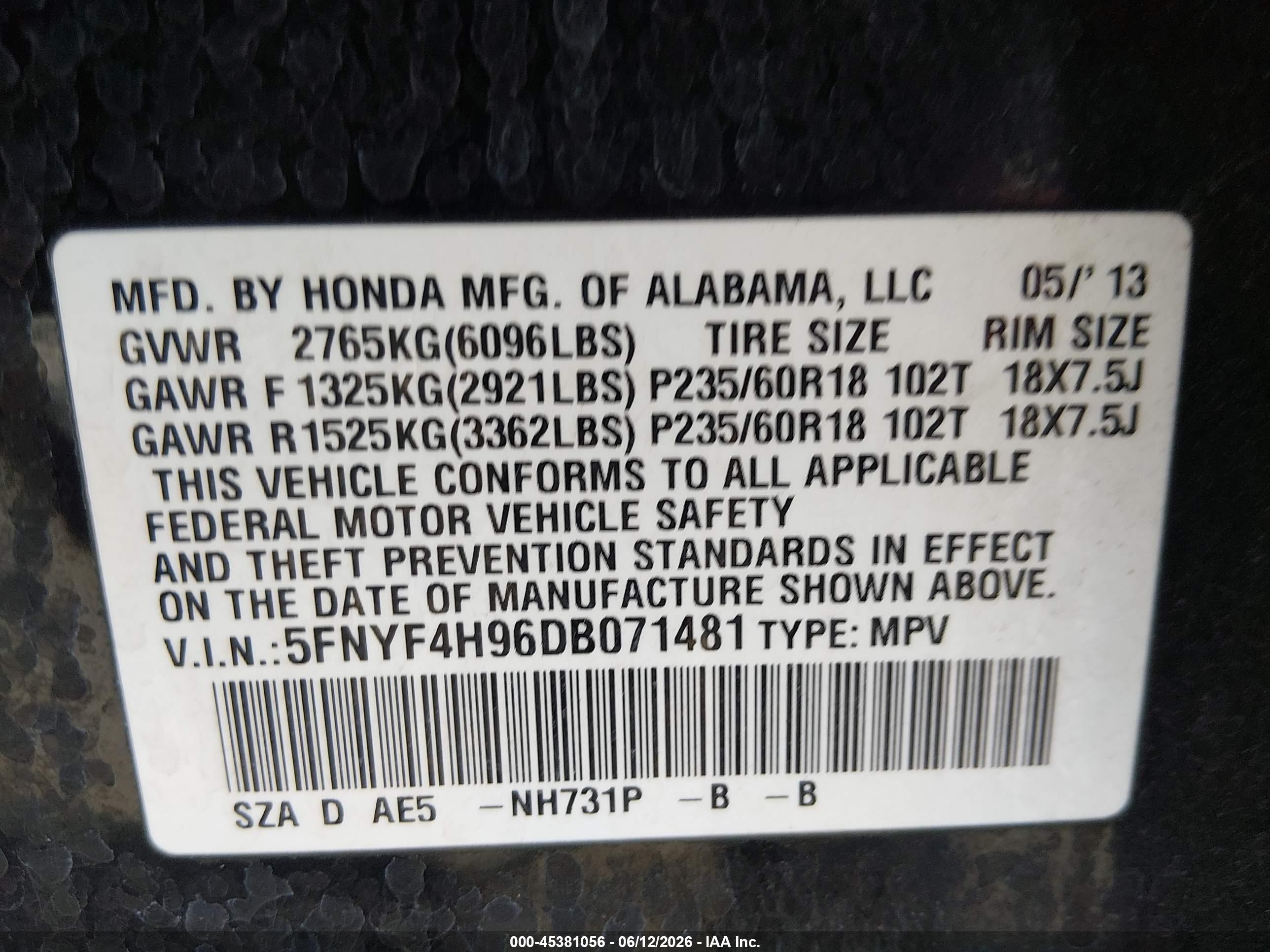 2013 Honda Pilot Touring Black vin: 5FNYF4H96DB071481