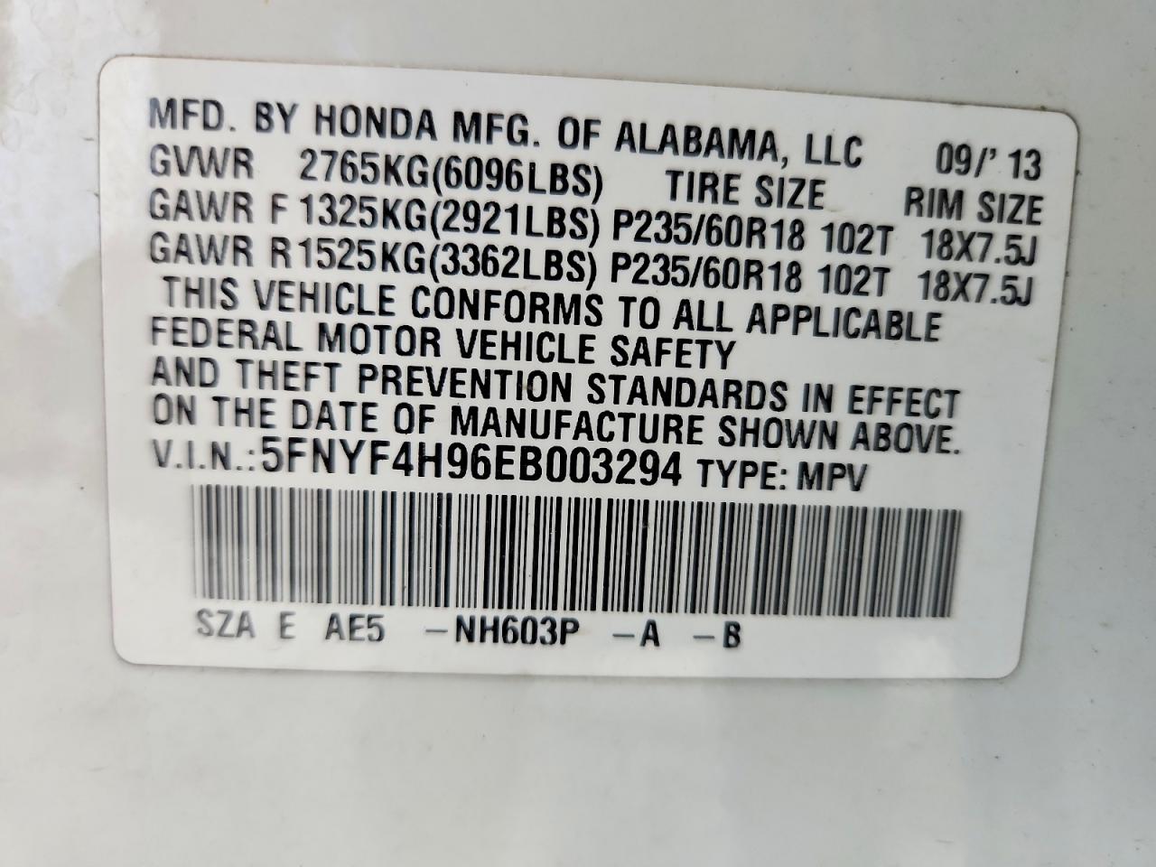 2014 Honda Pilot Touring White vin: 5FNYF4H96EB003294