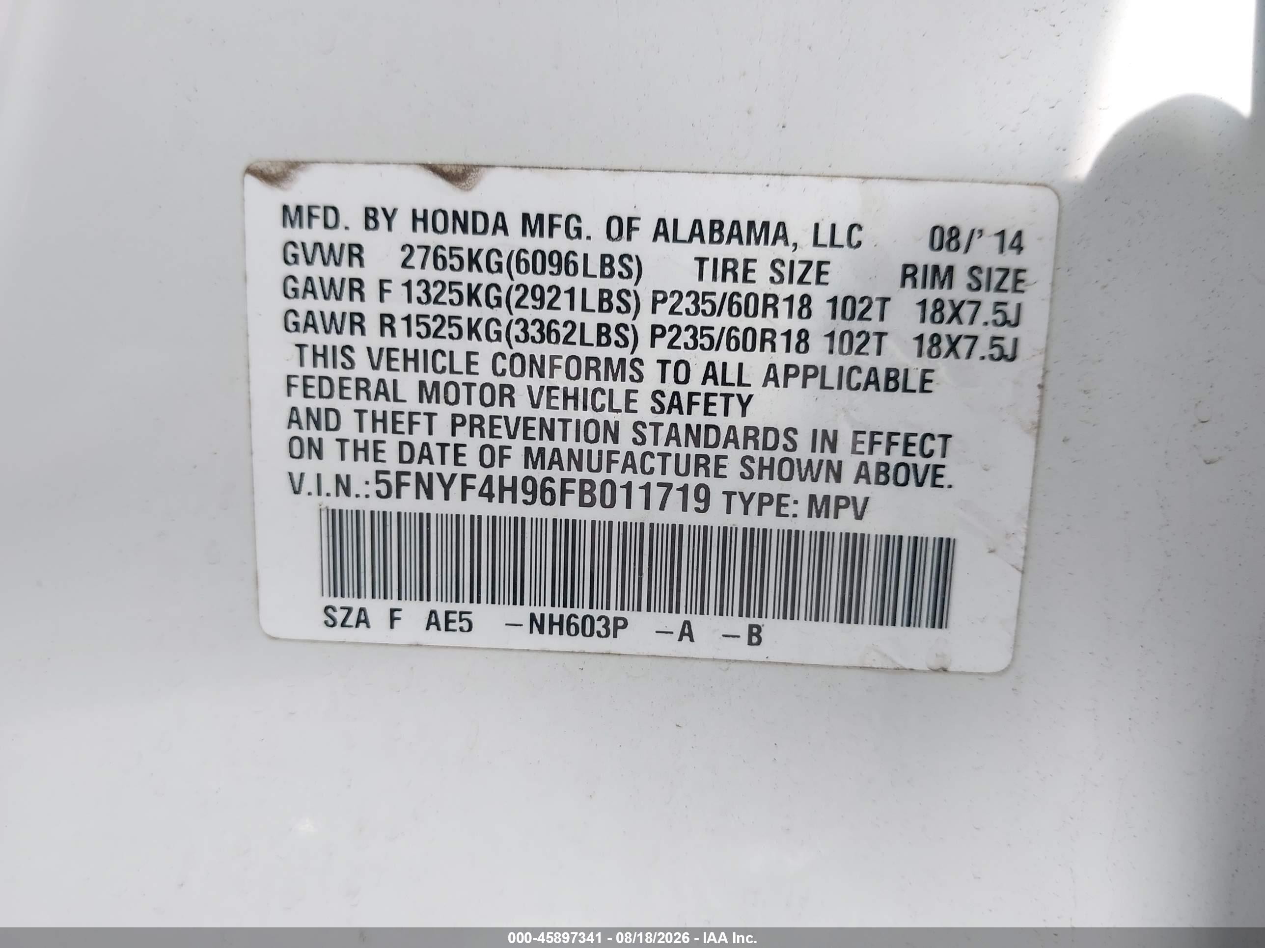 2015 Honda Pilot Touring White vin: 5FNYF4H96FB011719
