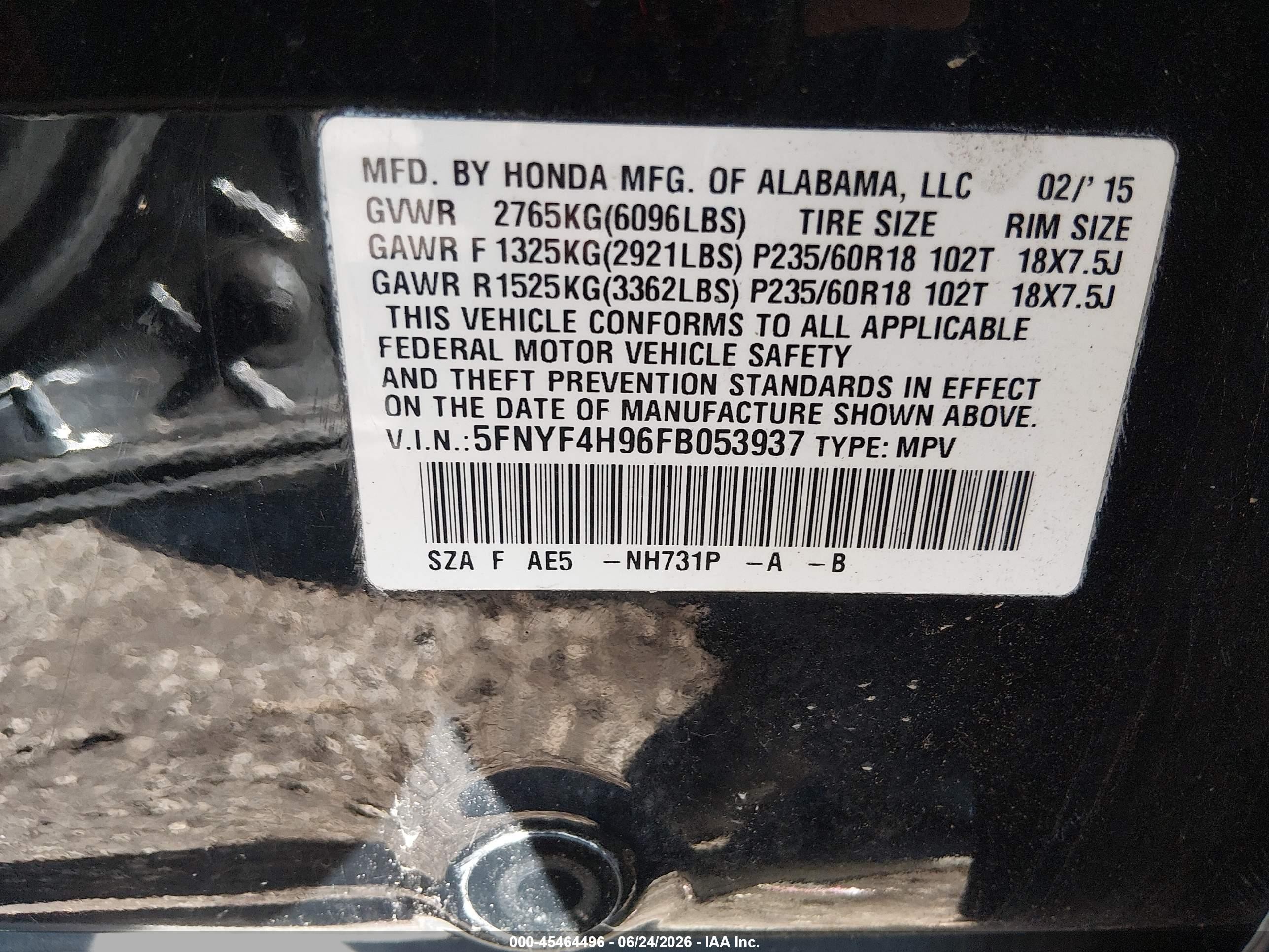 2015 Honda Pilot Touring Черный vin: 5FNYF4H96FB053937