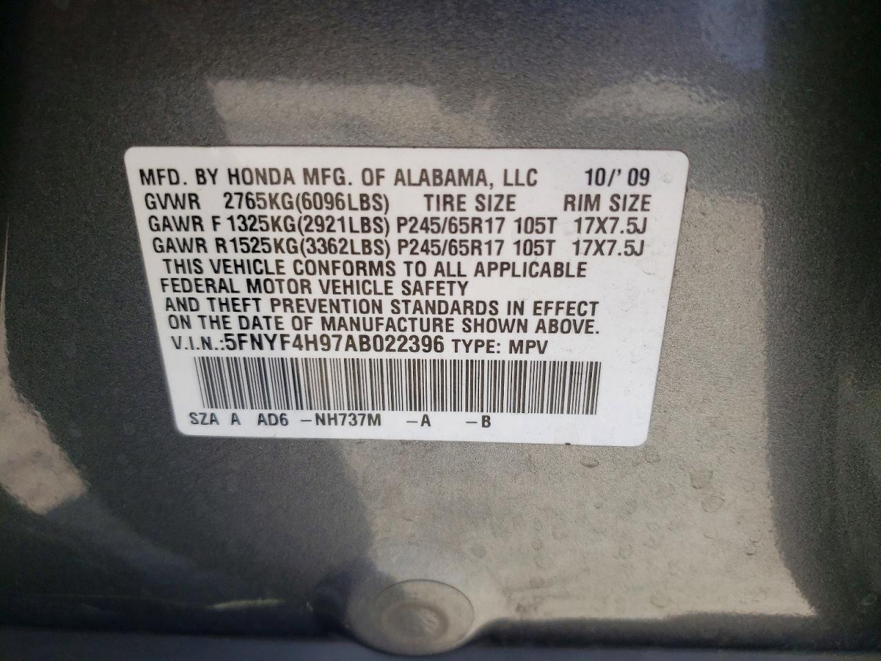 2010 Honda Pilot Touring Gray vin: 5FNYF4H97AB022396
