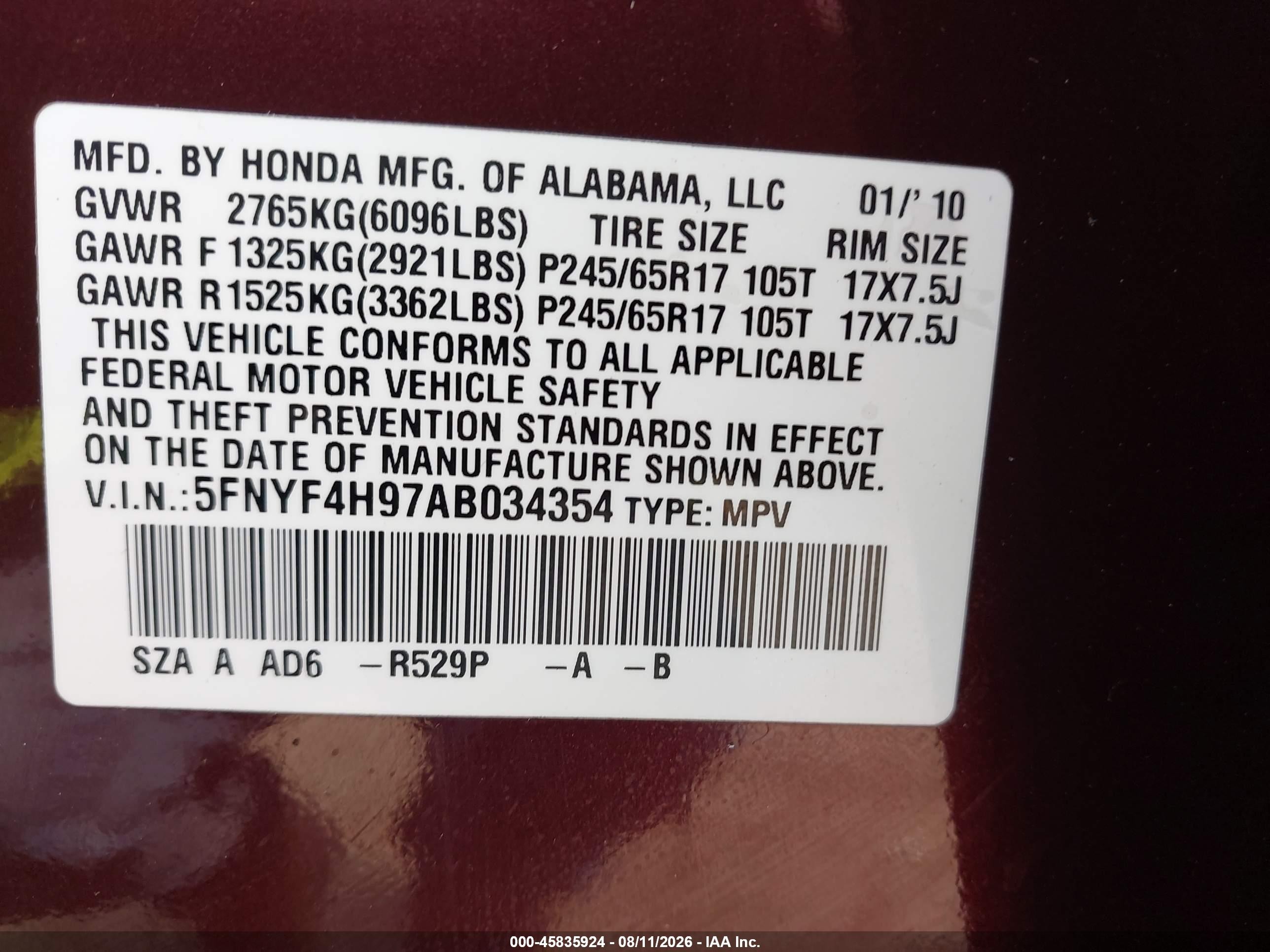 2010 Honda Pilot Touring Purple vin: 5FNYF4H97AB034354