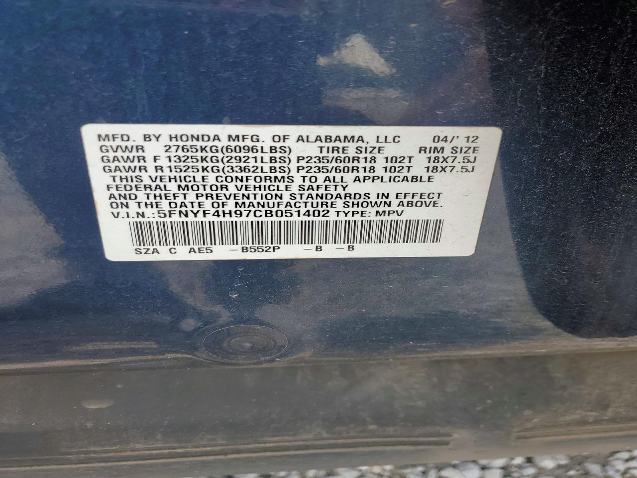 2012 Honda Pilot Touring Blue vin: 5FNYF4H97CB051402