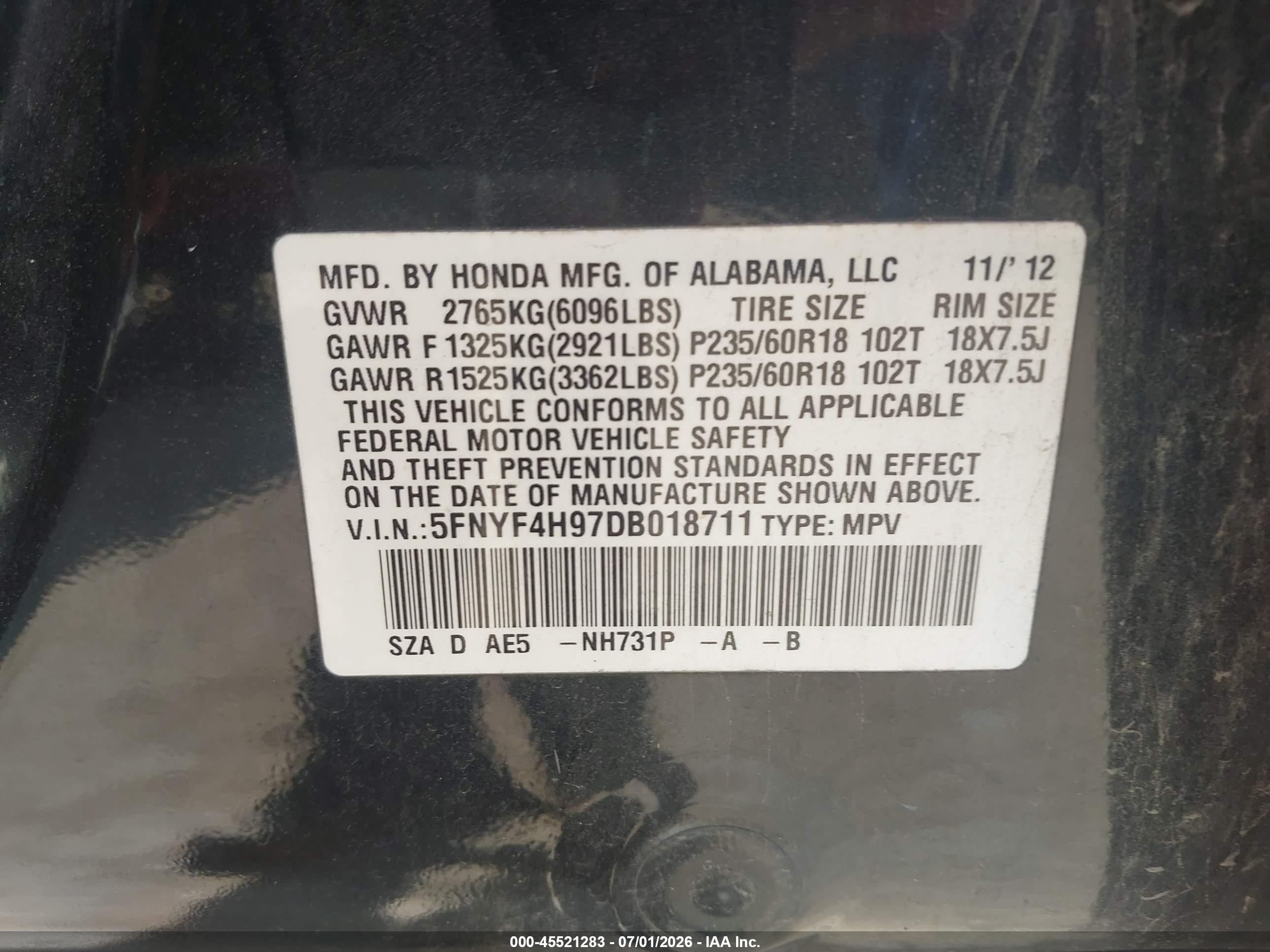 2013 Honda Pilot Touring Black vin: 5FNYF4H97DB018711