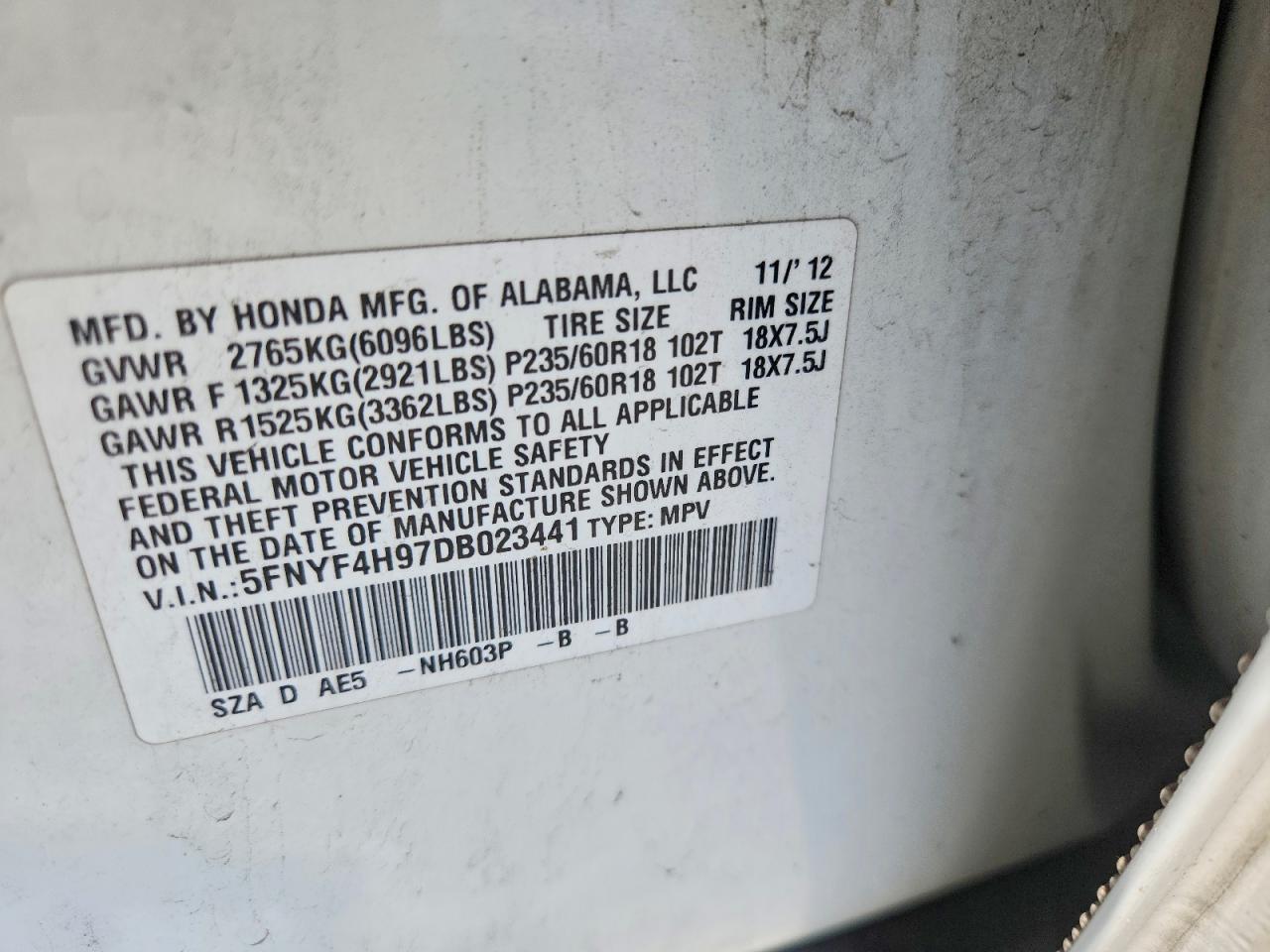 2013 Honda Pilot Touring White vin: 5FNYF4H97DB023441