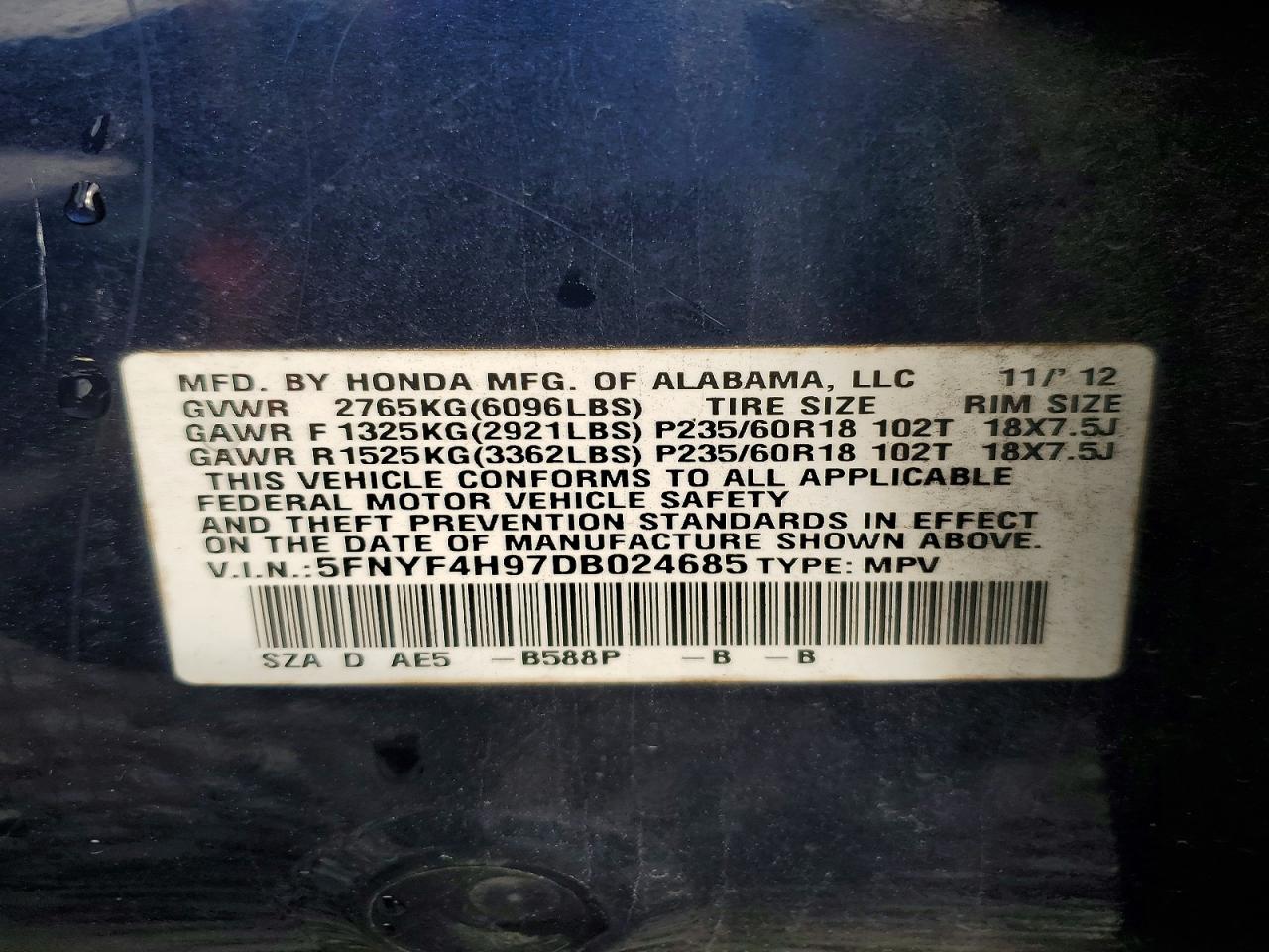 2013 Honda Pilot Touring Blue vin: 5FNYF4H97DB024685