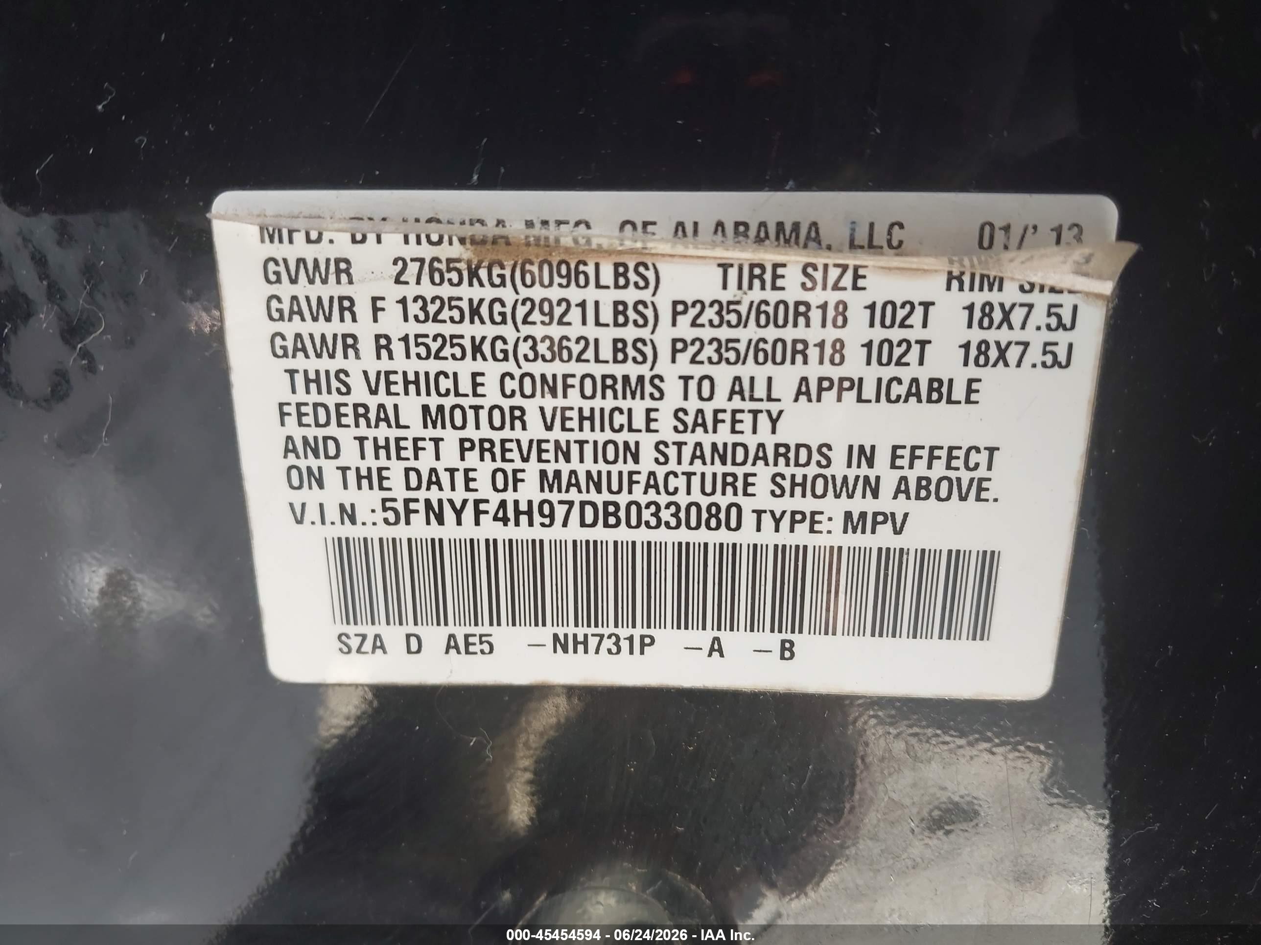 2013 Honda Pilot Touring Black vin: 5FNYF4H97DB033080