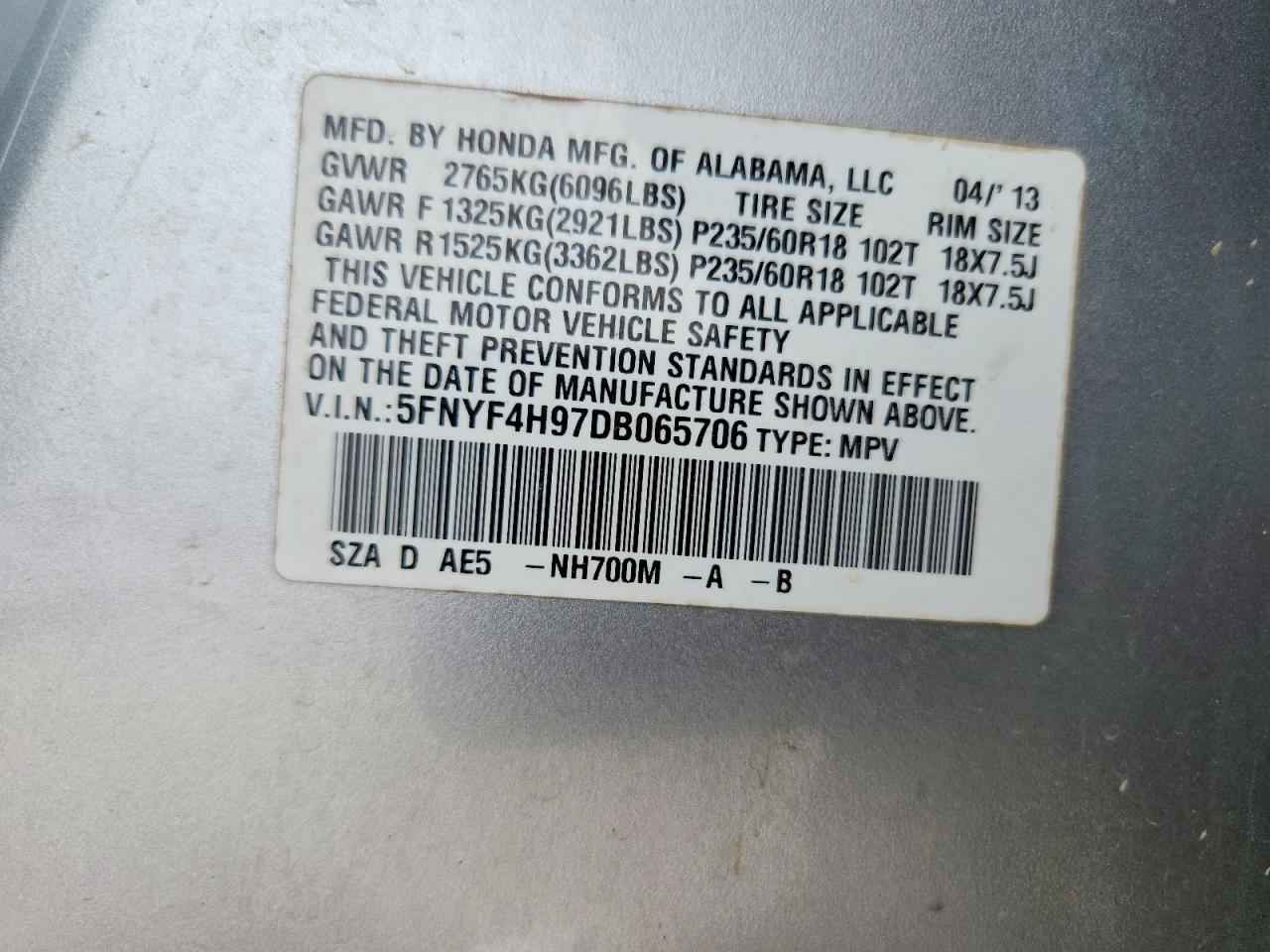 2013 Honda Pilot Touring Silver vin: 5FNYF4H97DB065706