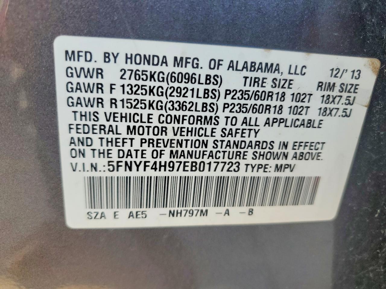 2014 Honda Pilot Touring Gray vin: 5FNYF4H97EB017723