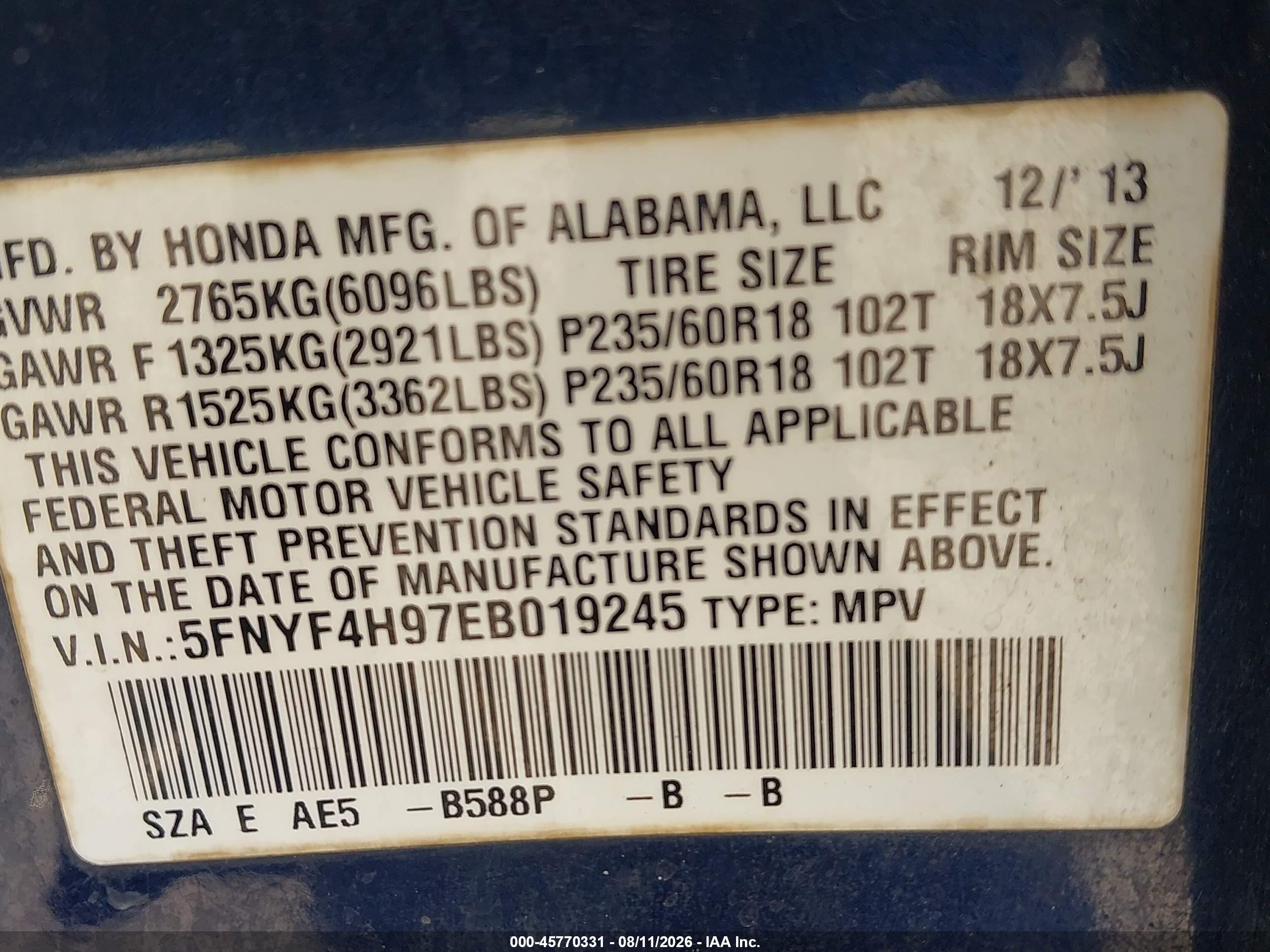 2014 Honda Pilot Touring Blue vin: 5FNYF4H97EB019245