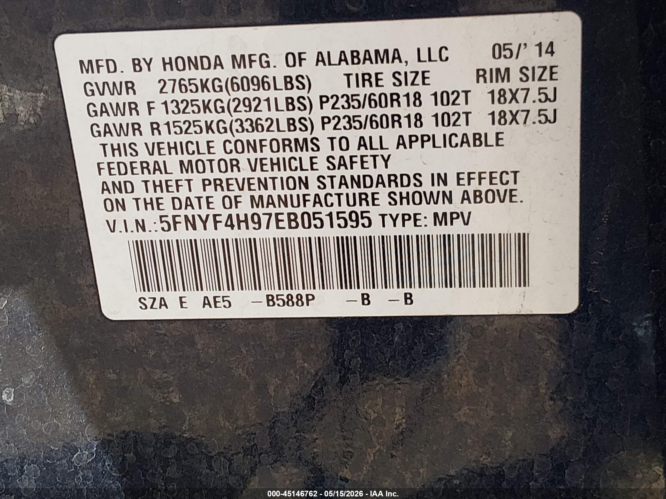 2014 Honda Pilot Touring Blue vin: 5FNYF4H97EB051595