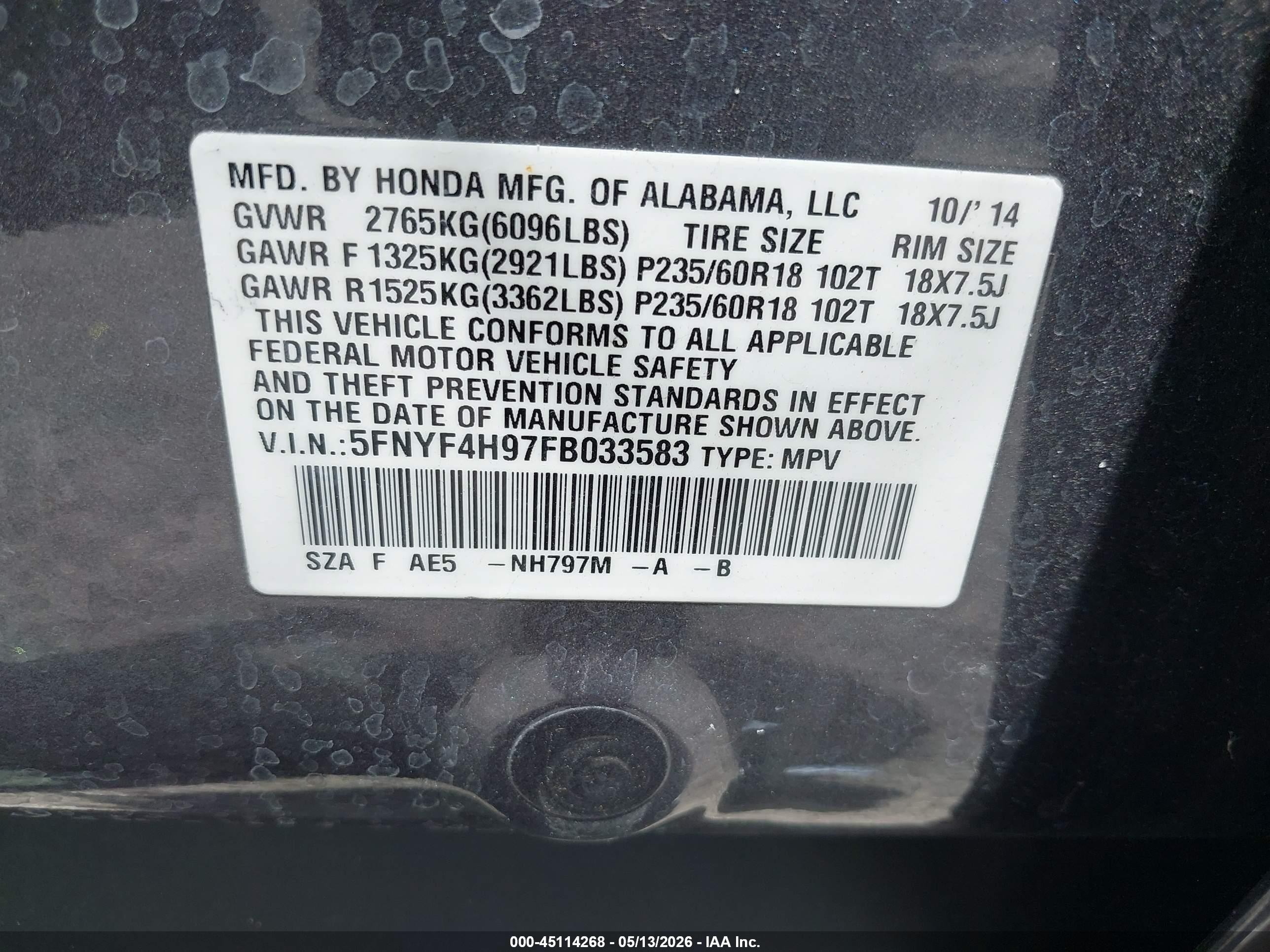 2015 Honda Pilot Touring Gray vin: 5FNYF4H97FB033583