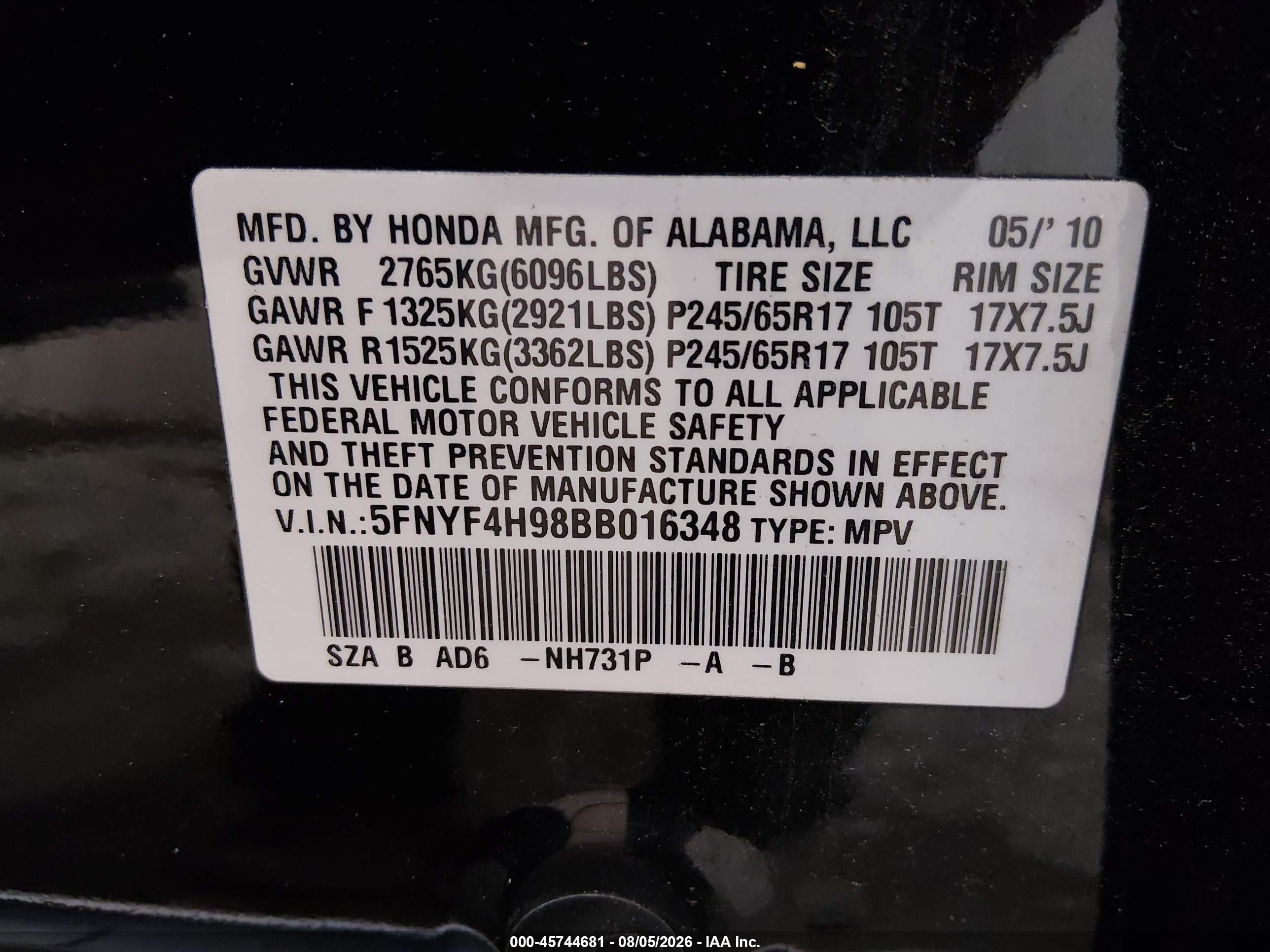2011 Honda Pilot Touring Black vin: 5FNYF4H98BB016348