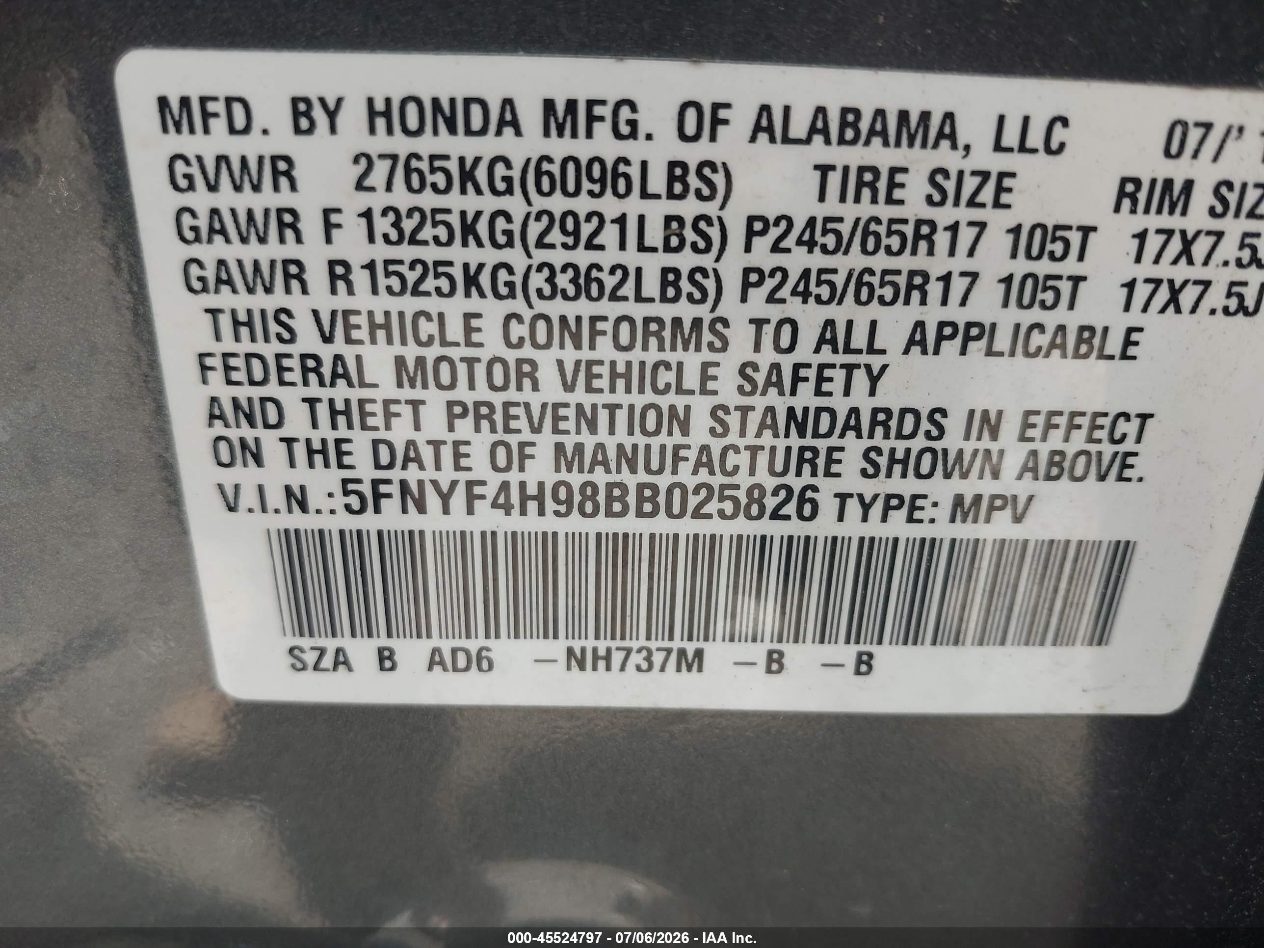 2011 Honda Pilot Touring Gray vin: 5FNYF4H98BB025826