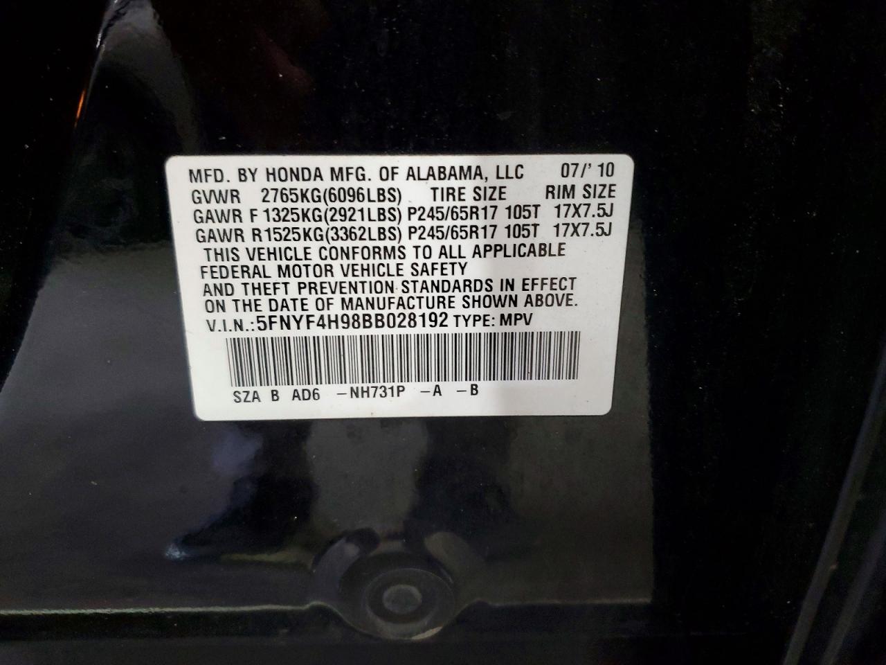 2011 Honda Pilot Touring Black vin: 5FNYF4H98BB028192