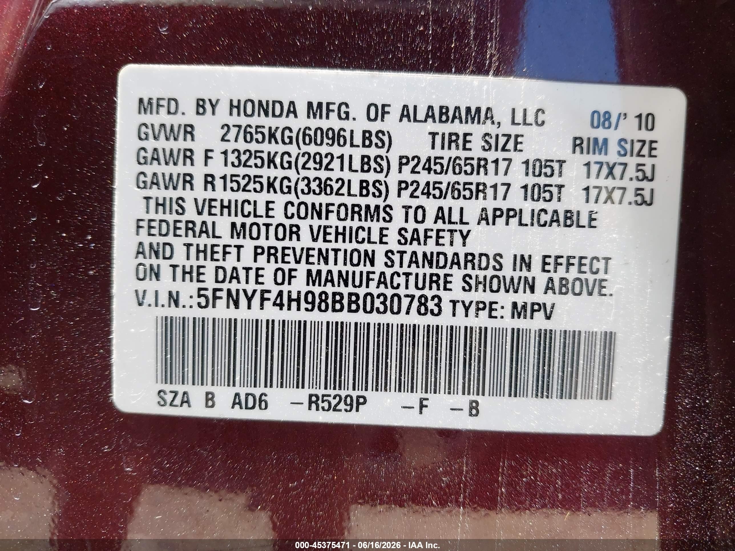 2011 Honda Pilot Touring Burgundy vin: 5FNYF4H98BB030783