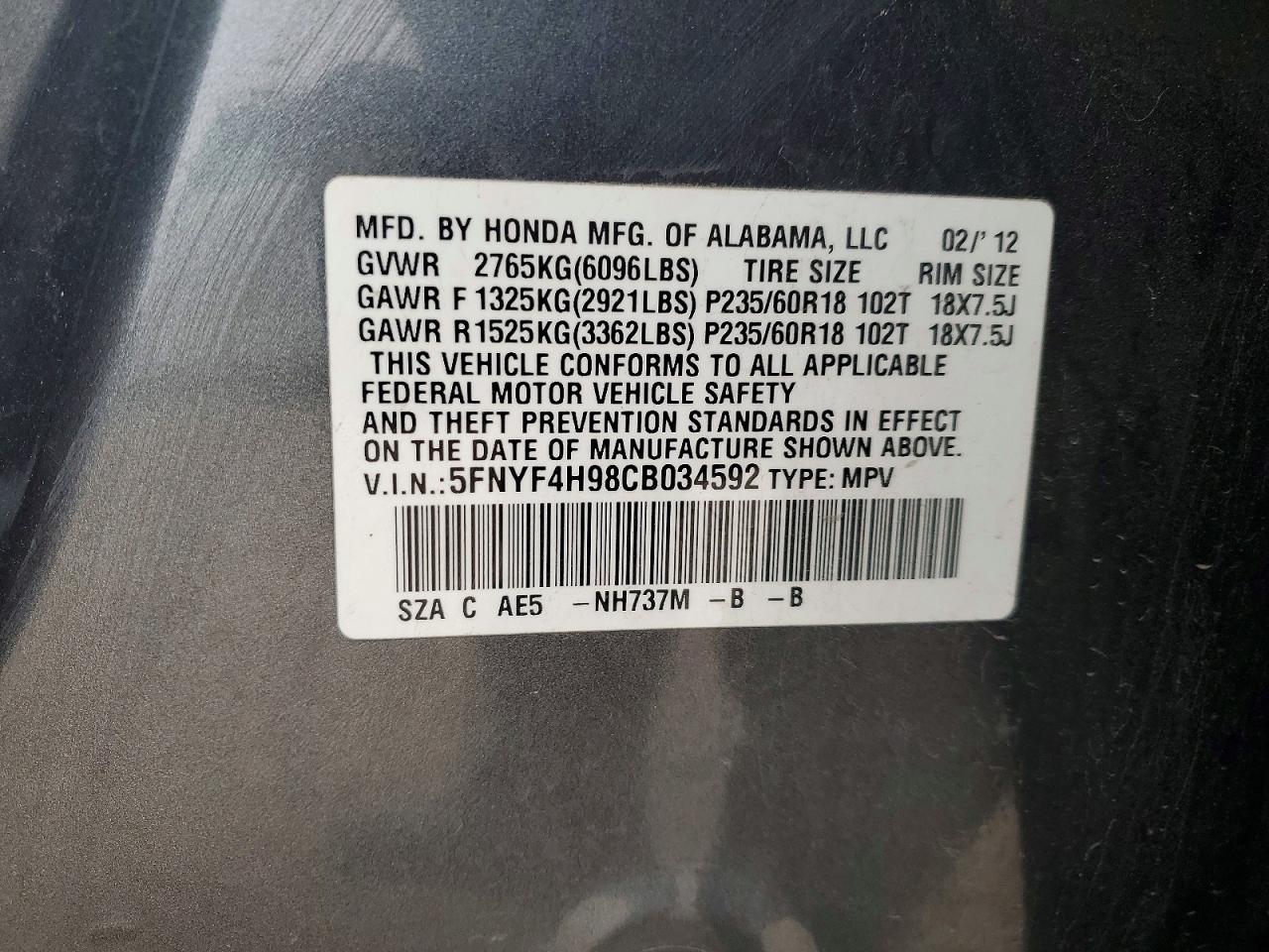 2012 Honda Pilot Touring Gray vin: 5FNYF4H98CB034592