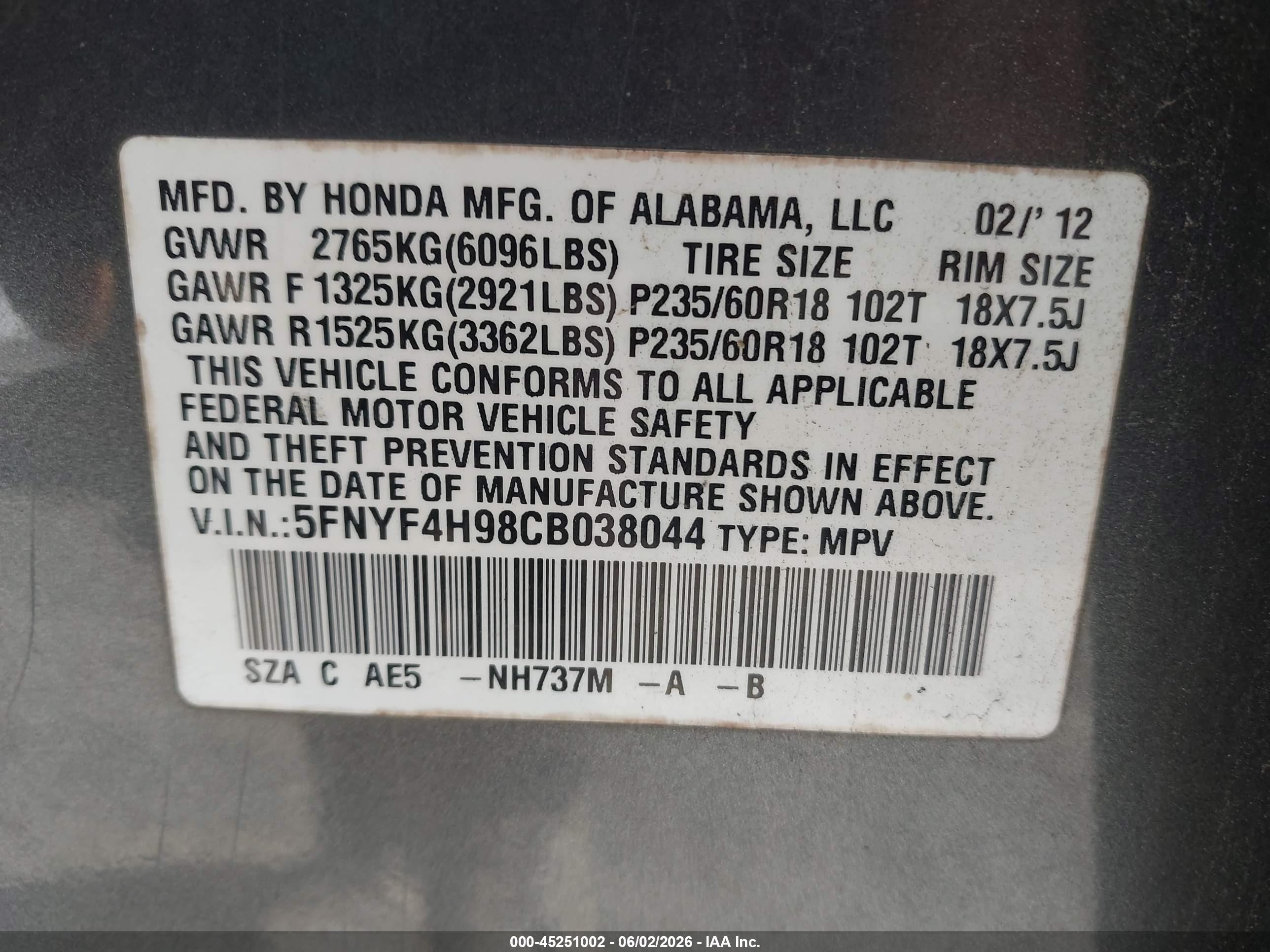 2012 Honda Pilot Touring Gray vin: 5FNYF4H98CB038044