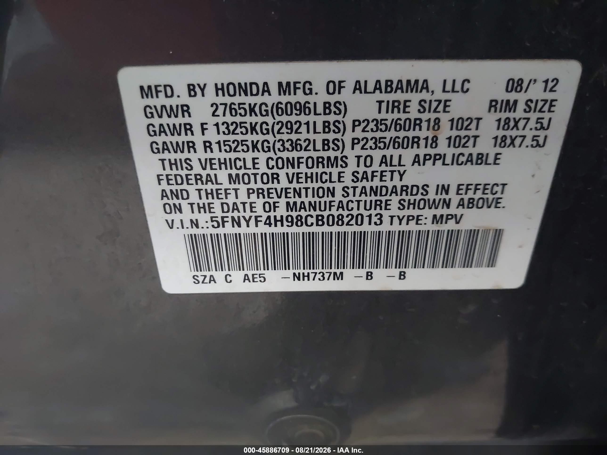 2012 Honda Pilot Touring Gray vin: 5FNYF4H98CB082013