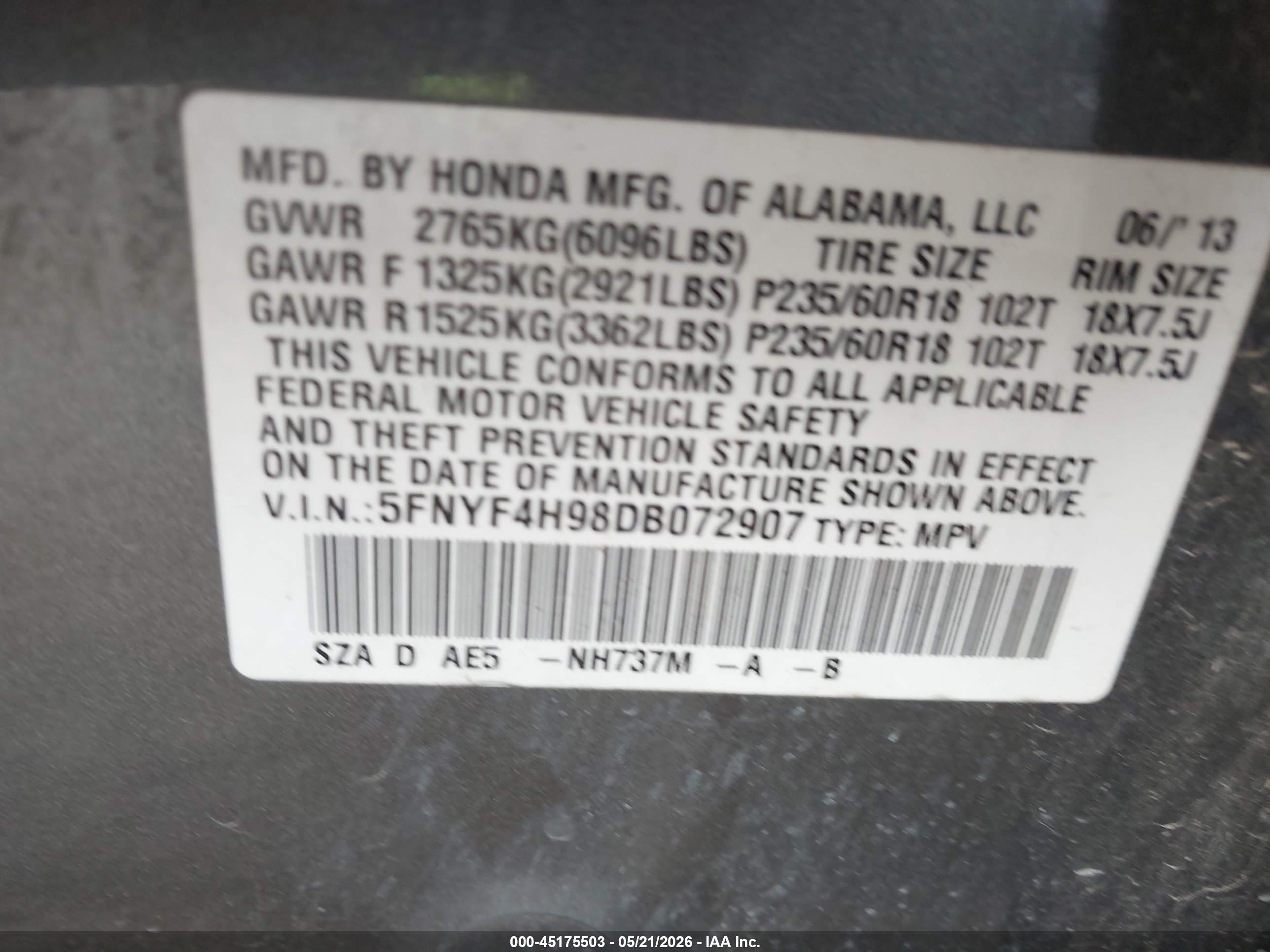 2013 Honda Pilot Touring Gray vin: 5FNYF4H98DB072907