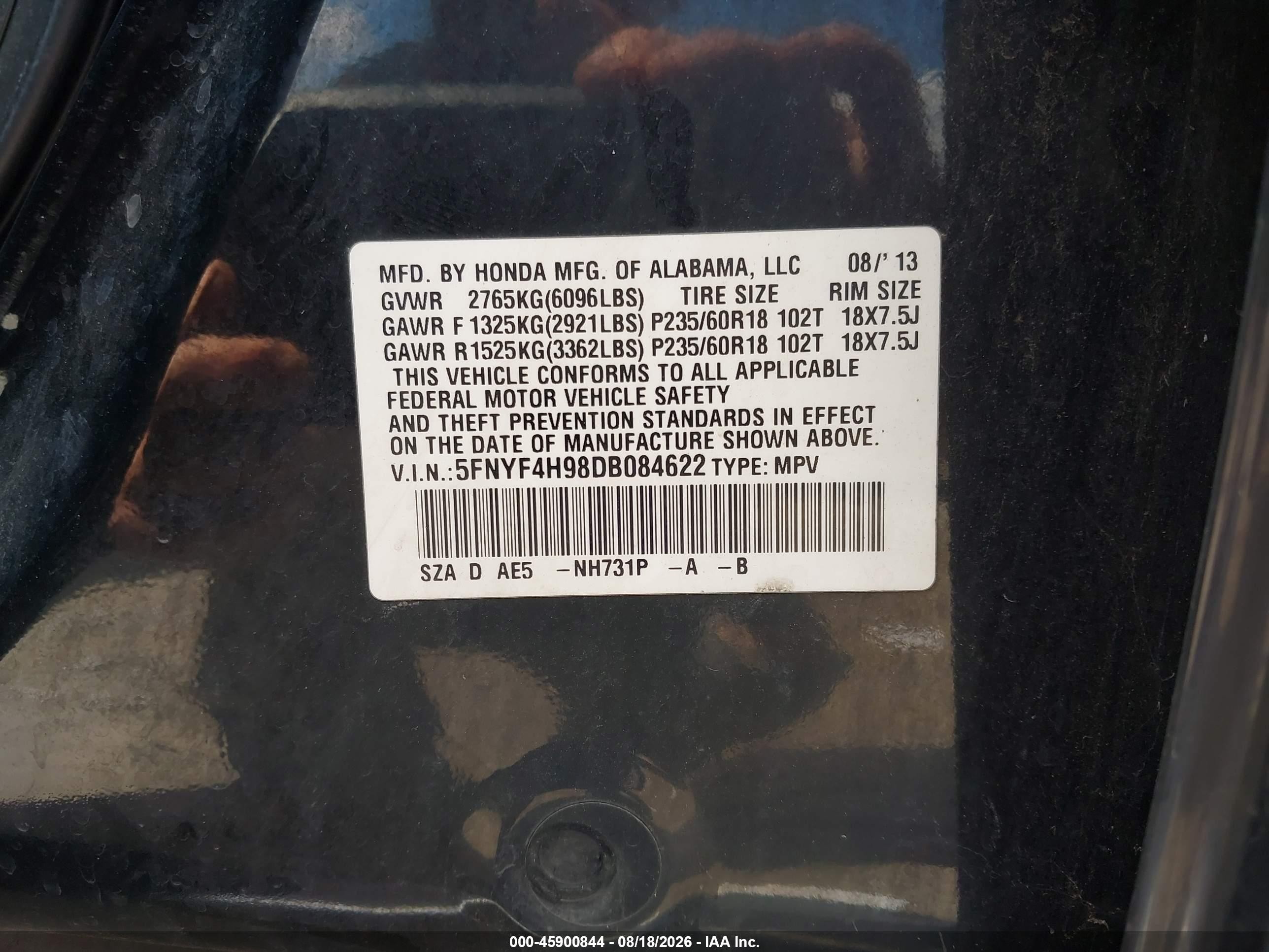 2013 Honda Pilot Touring Black vin: 5FNYF4H98DB084622
